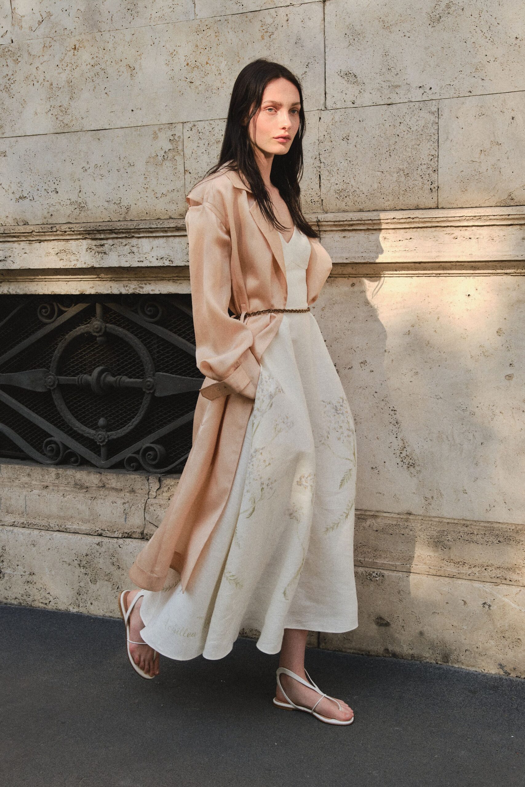 pink silk long-sleeve collared oversized draped belted coat