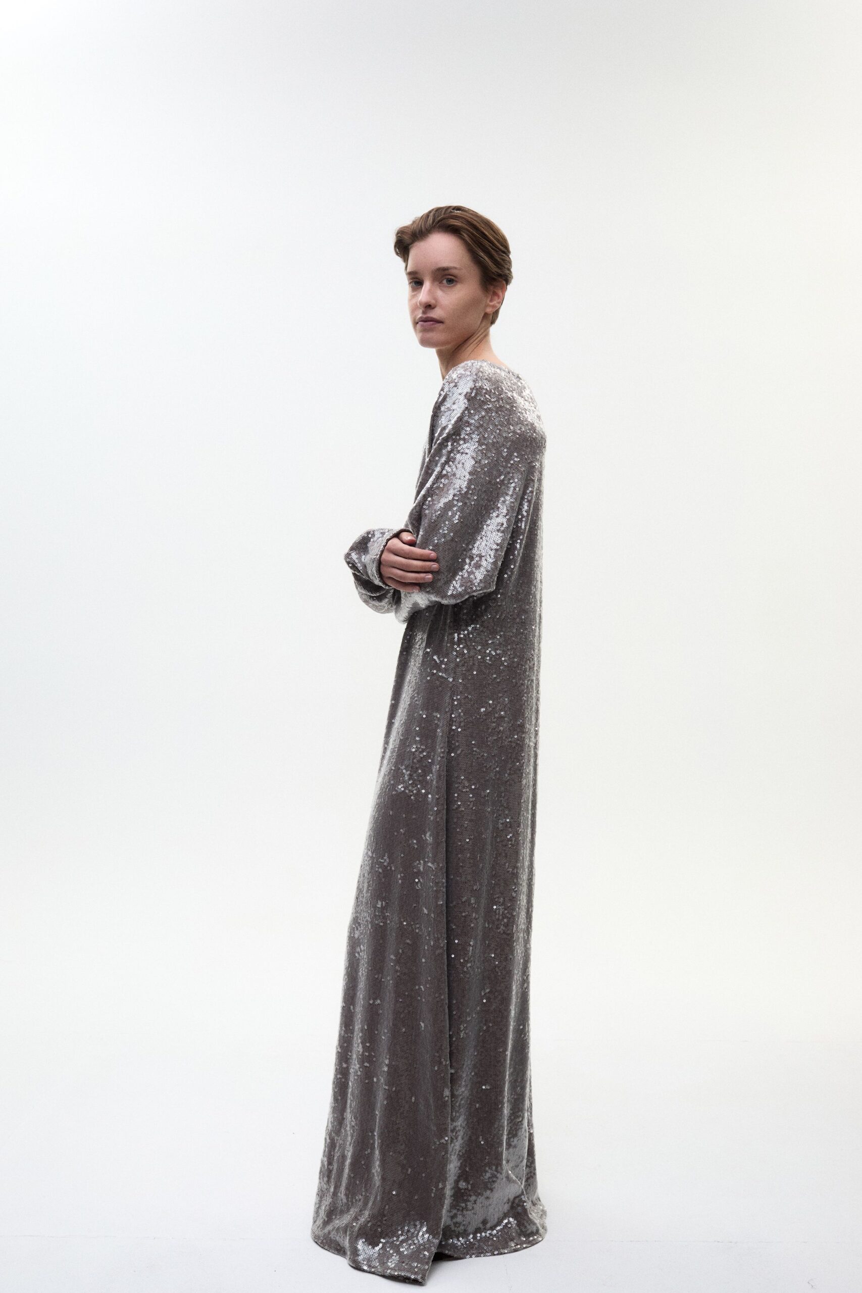 gray velvet sequined gown