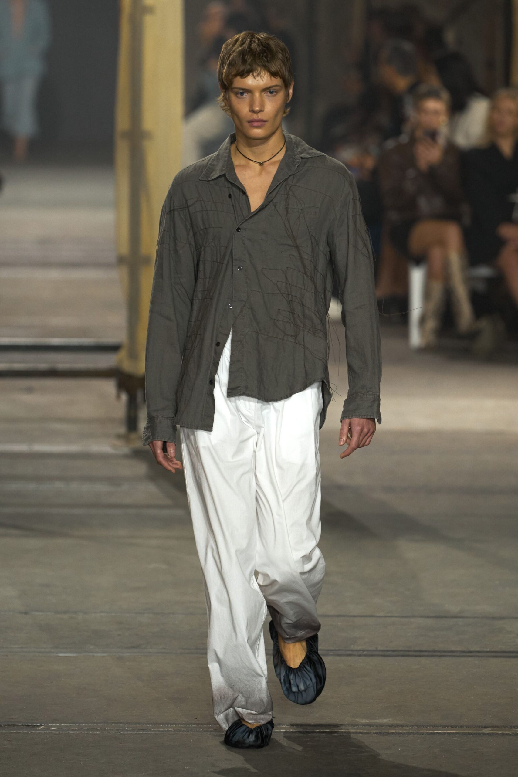 gray relaxed shirt with white pants