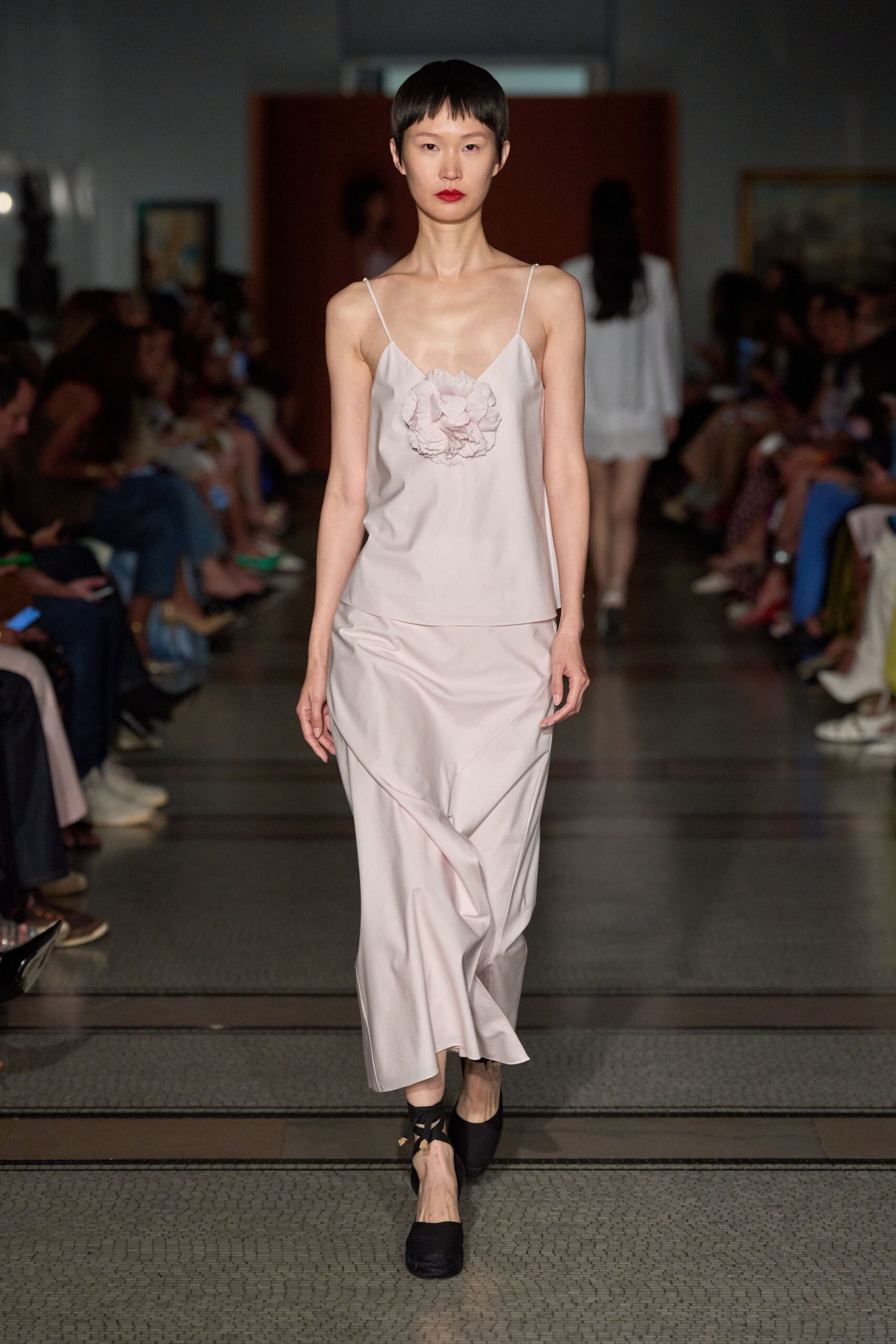 pink silk sleeveless v-neck fitted draped flowing dress