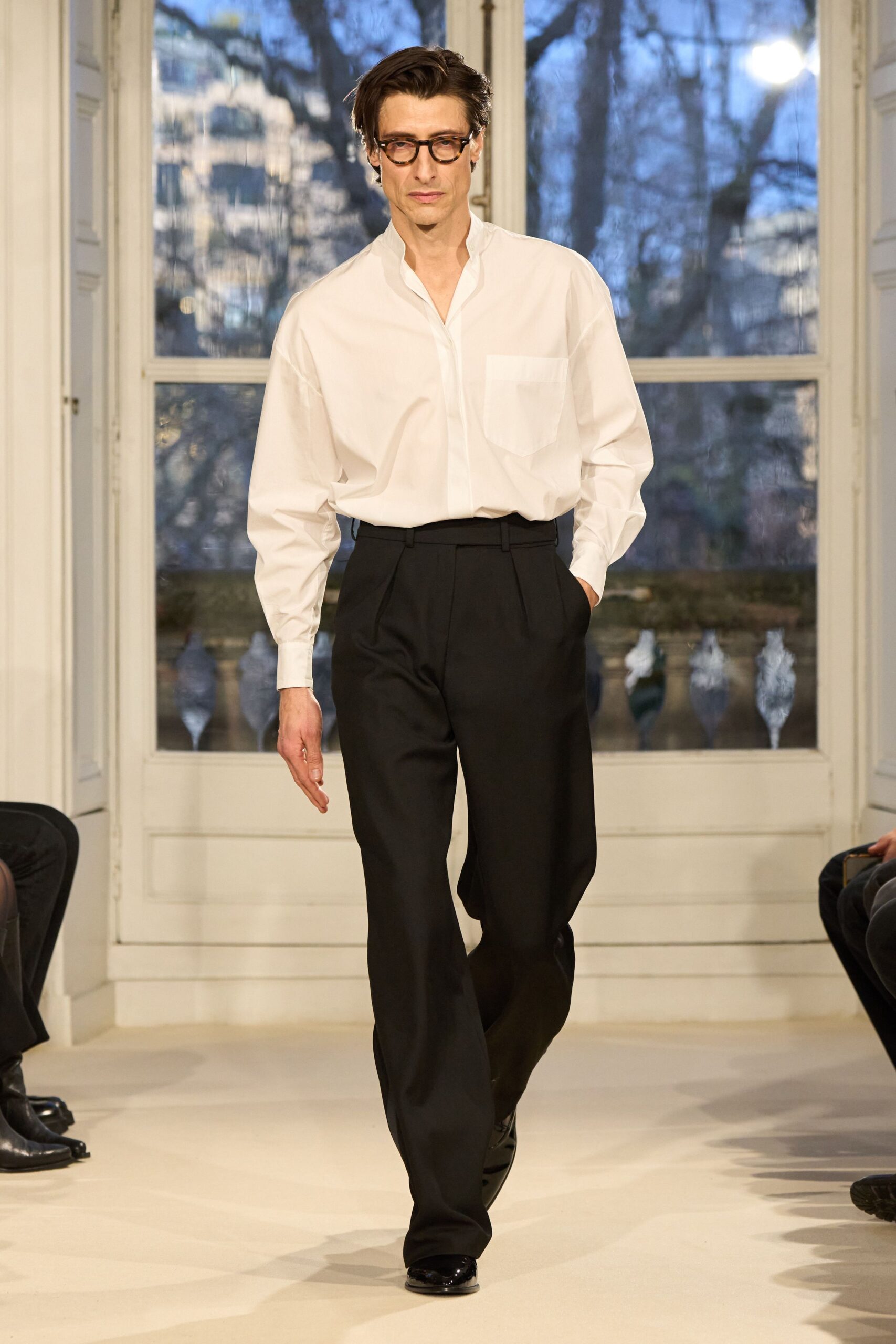 white relaxed shirt black tailored pants