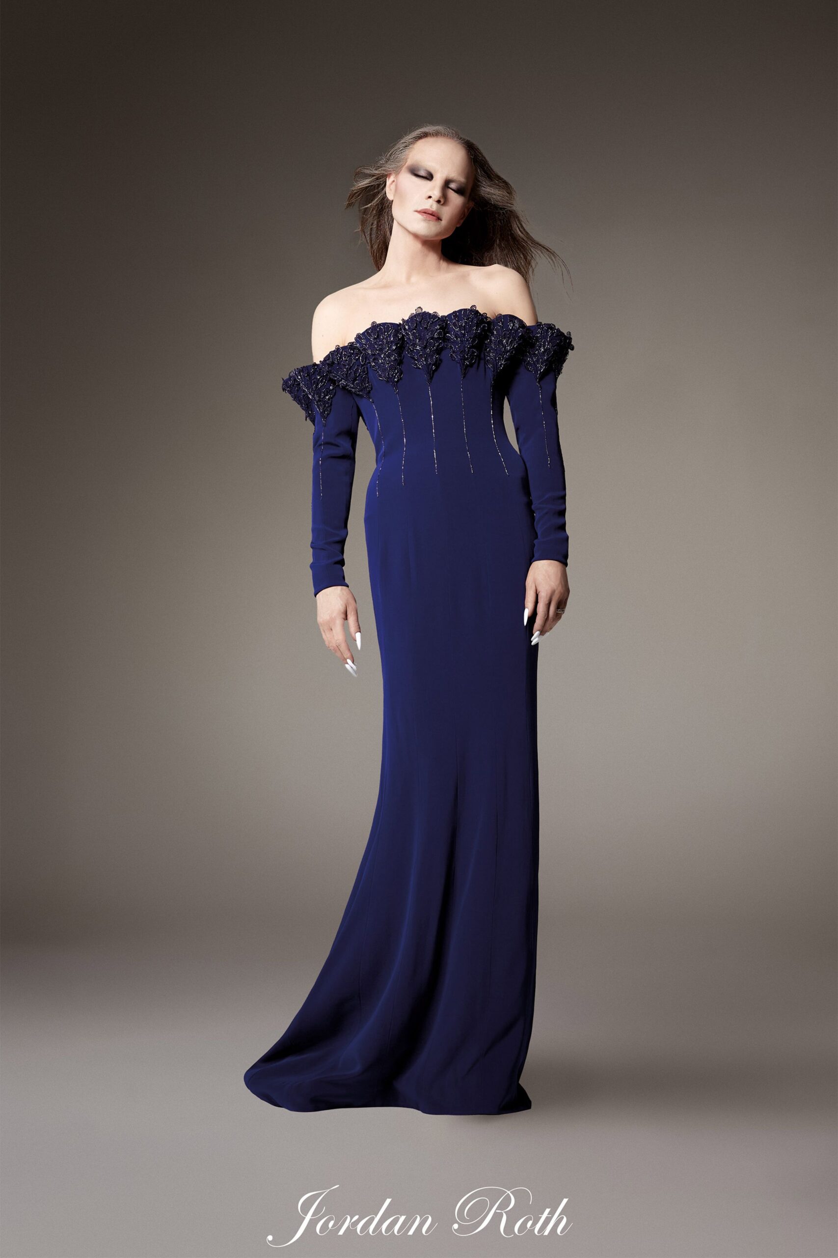 blue silk off-shoulder gown