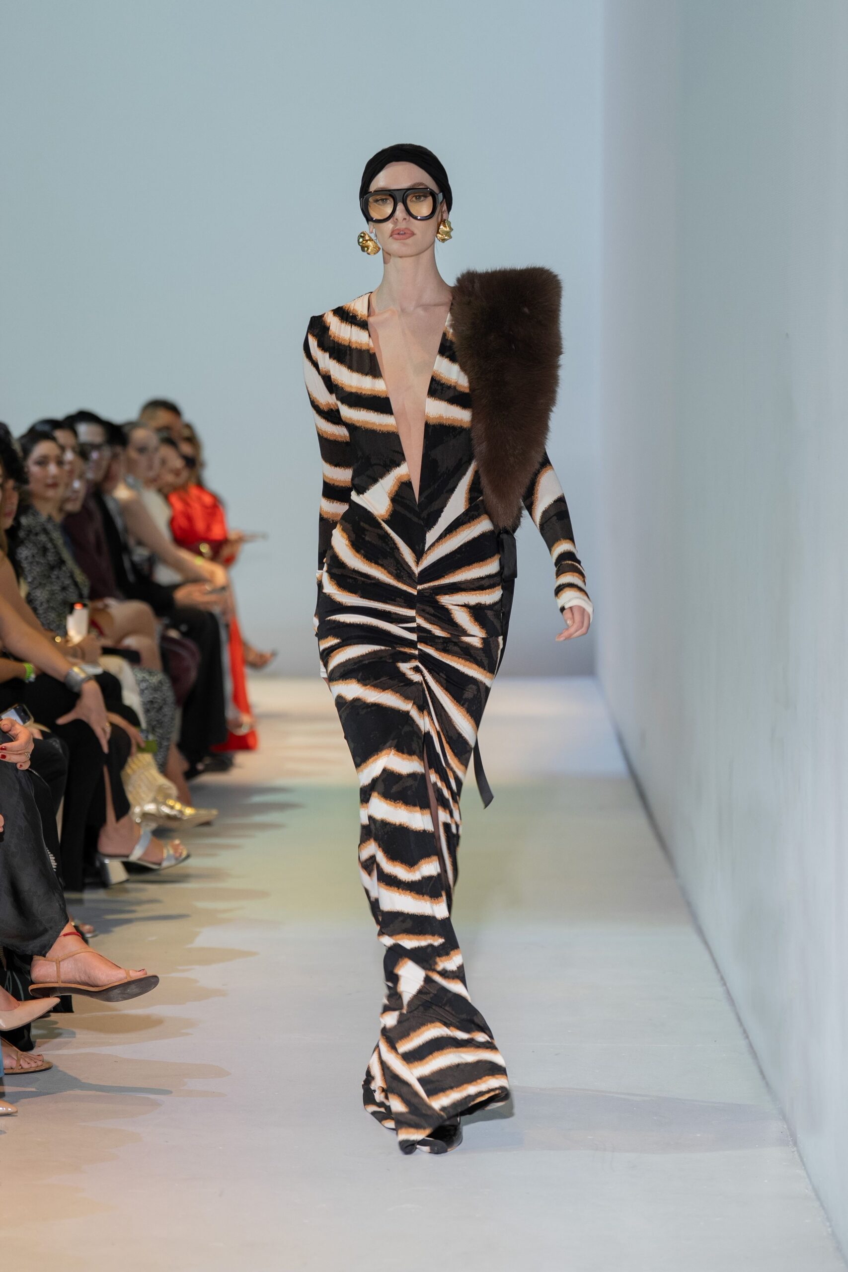 black silk long-sleeve v-neck fitted striped draped gown