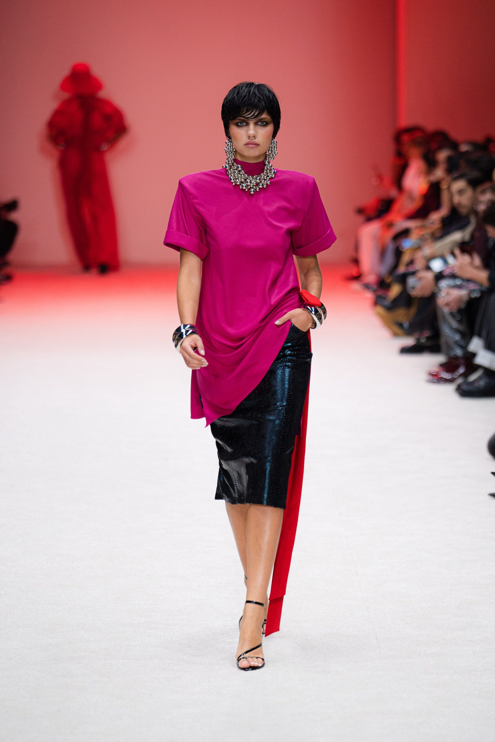 pink silk short-sleeve high-neck relaxed layered top