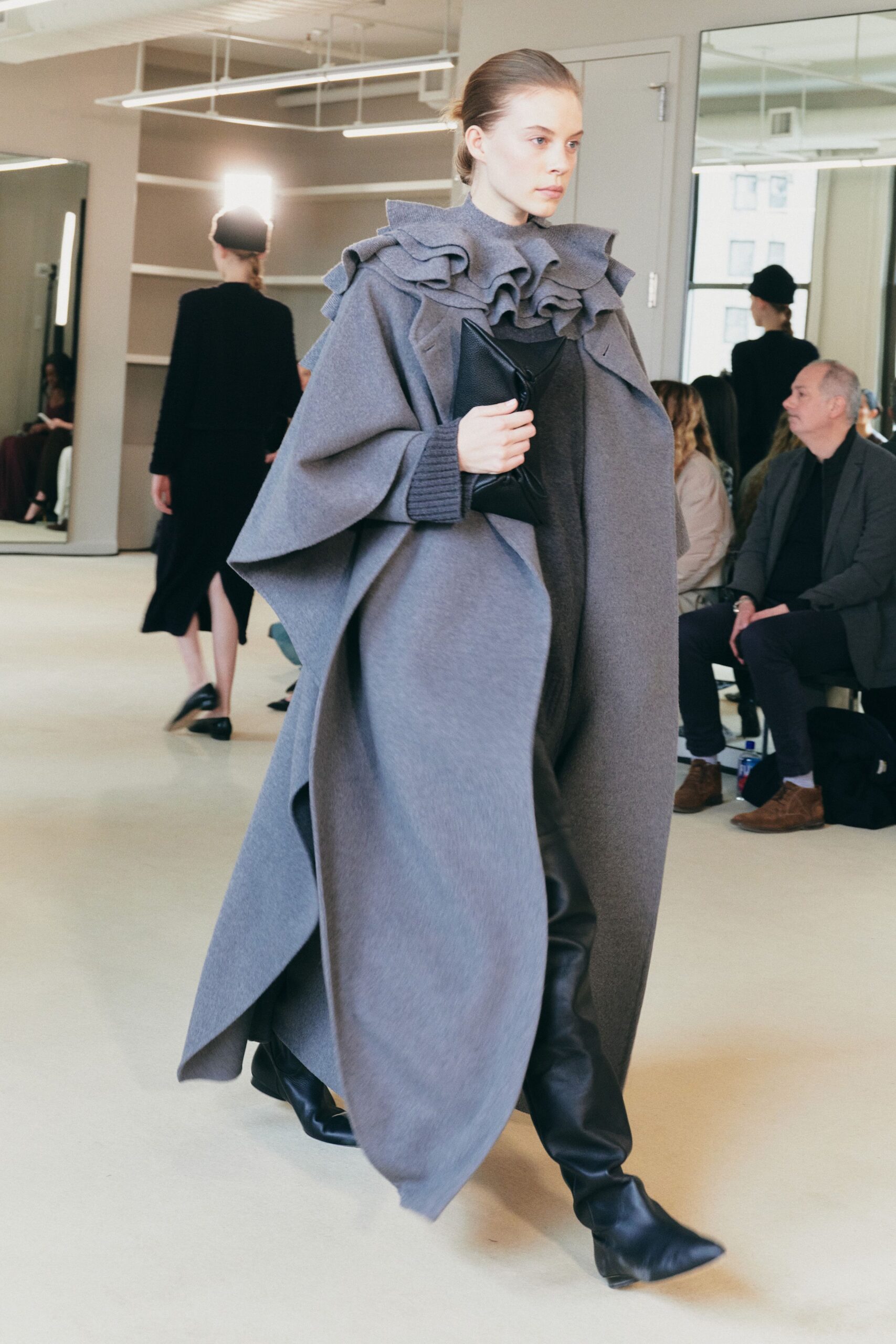 gray wool long-sleeve collared relaxed ruffled draped coat
