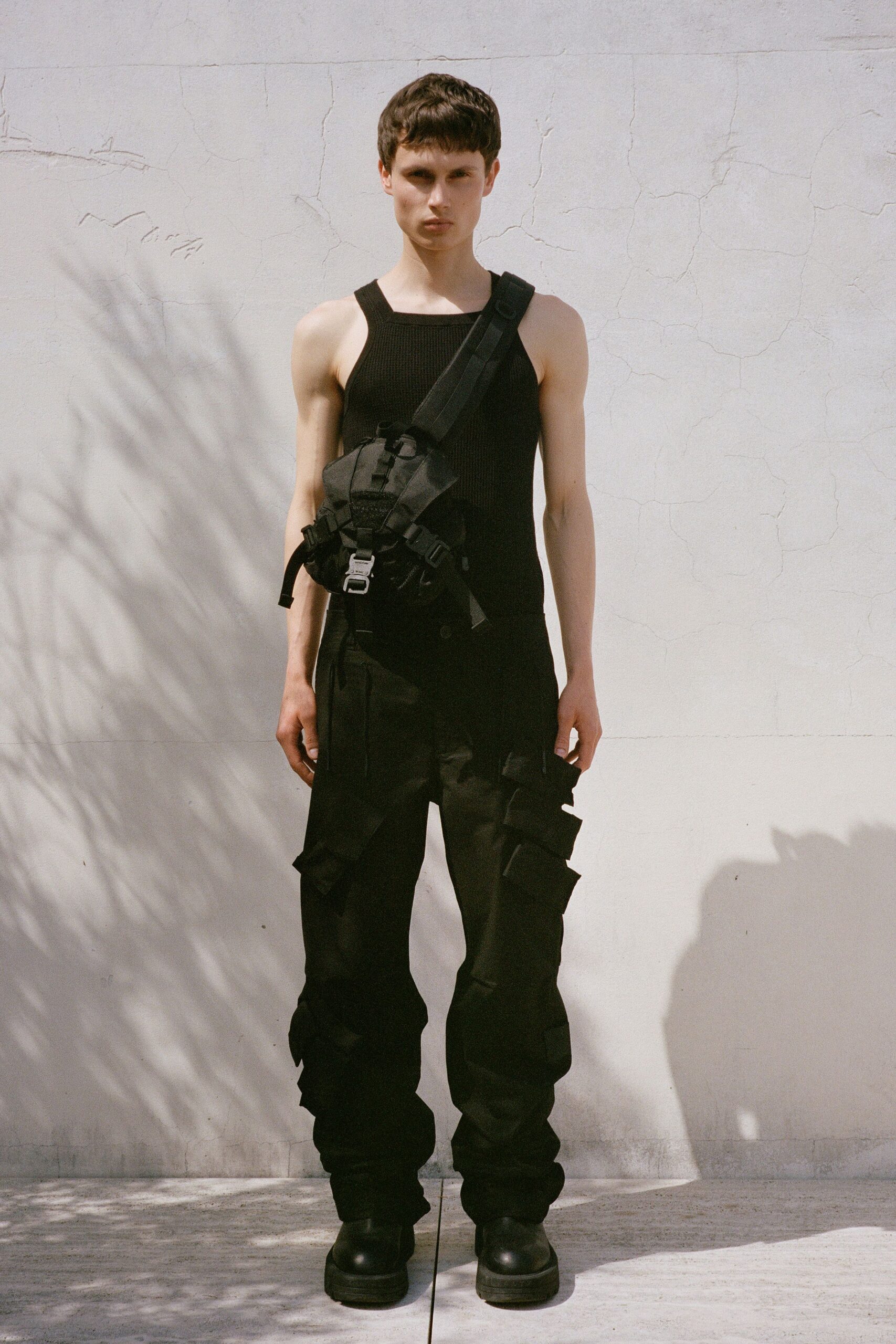 black cotton sleeveless high-neck fitted ribbed tank-top