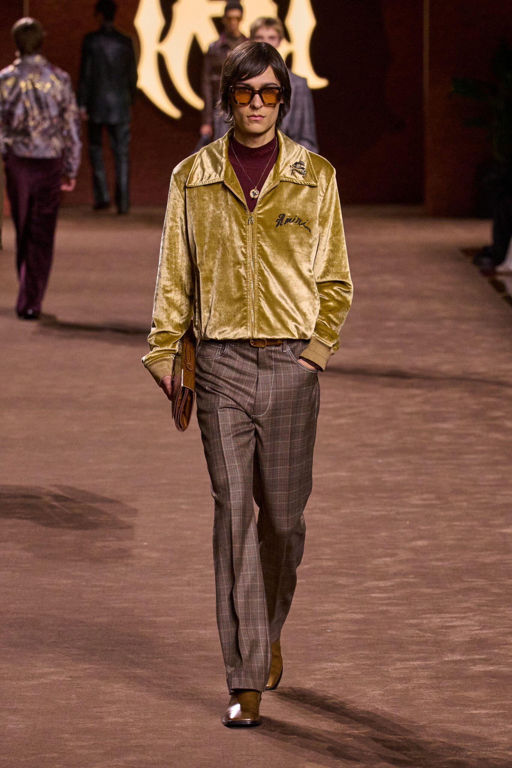 gold velvet long-sleeve collared fitted zippered shiny jacket