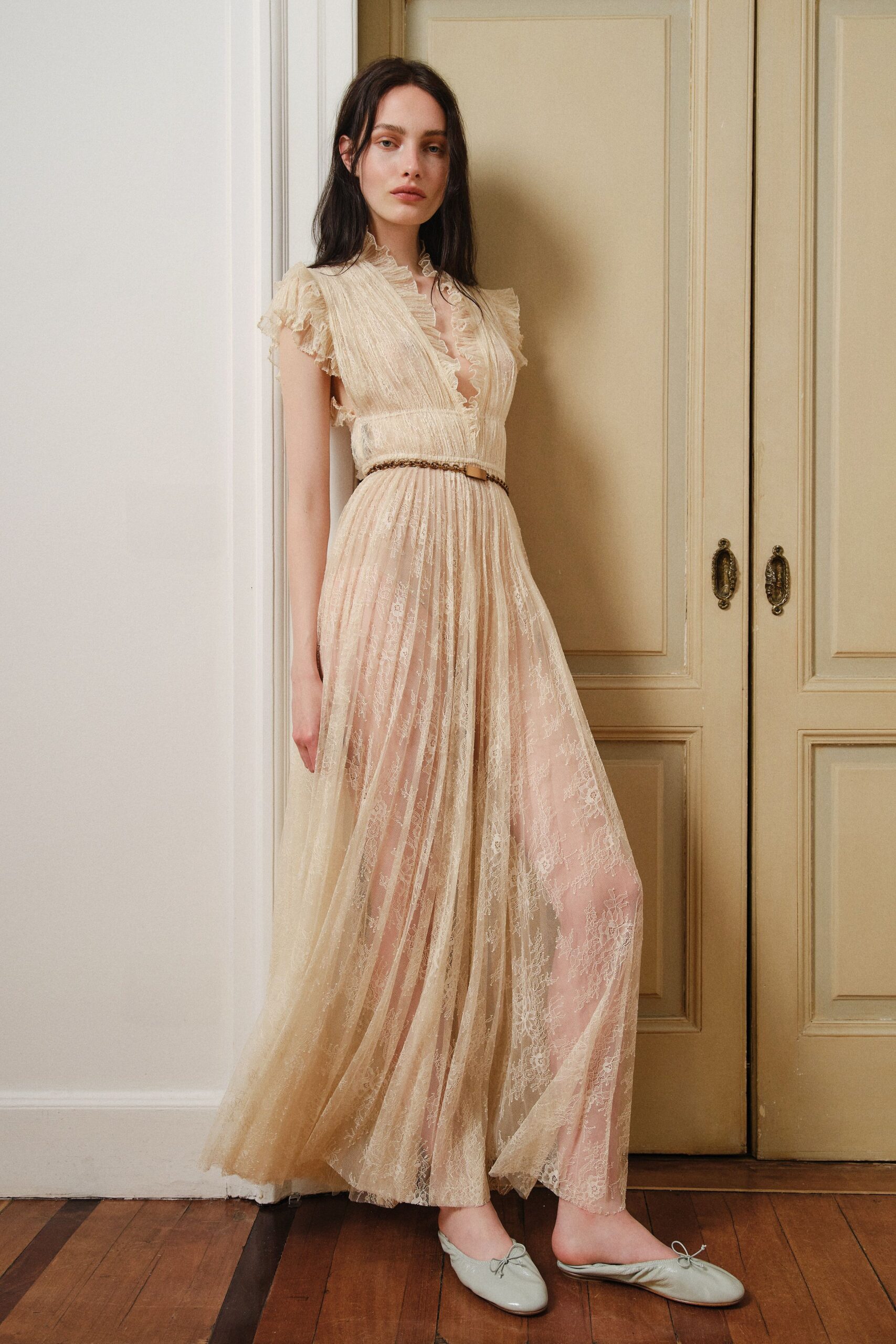 beige lace sleeveless v-neck fitted pleated ruffled dress