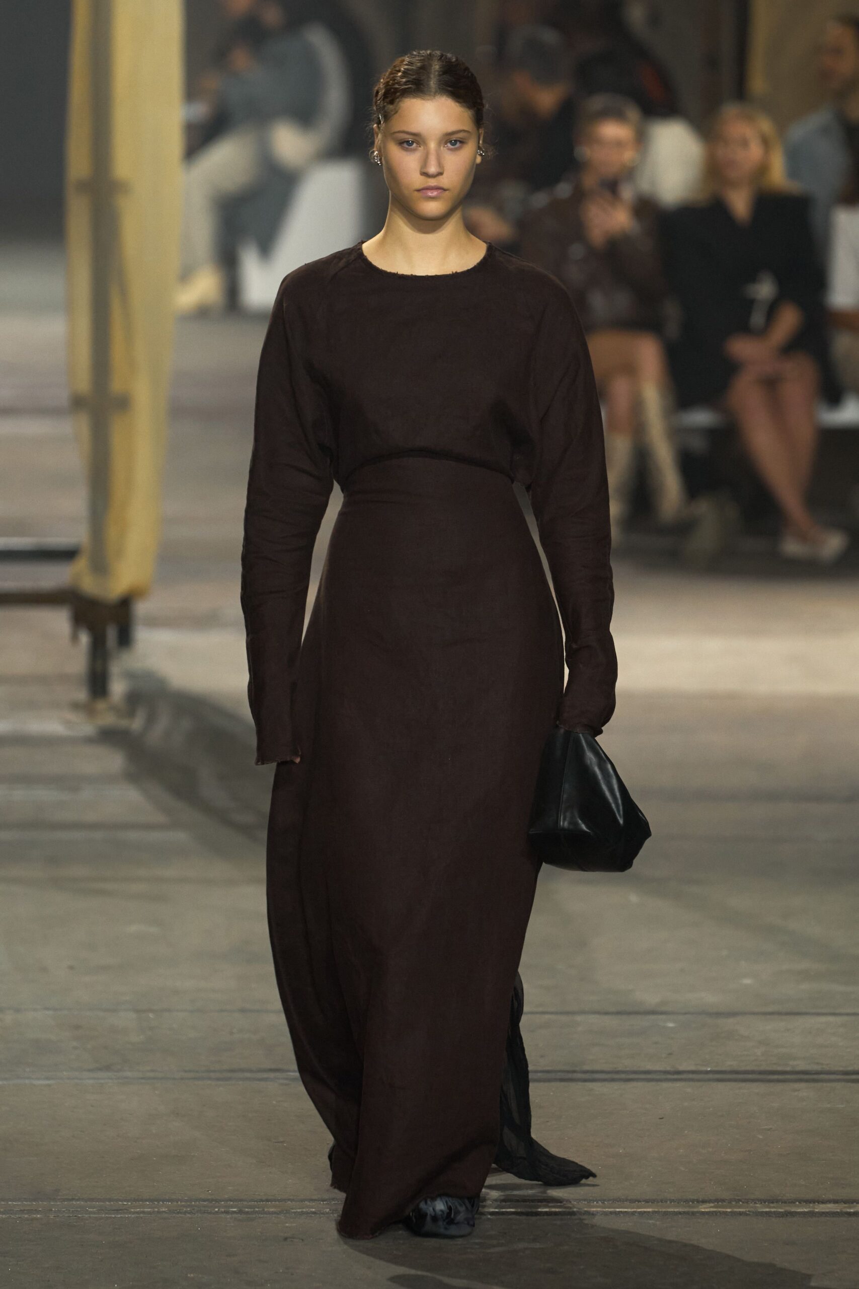 brown cotton long-sleeve high-neck fitted straight-leg maxi dress