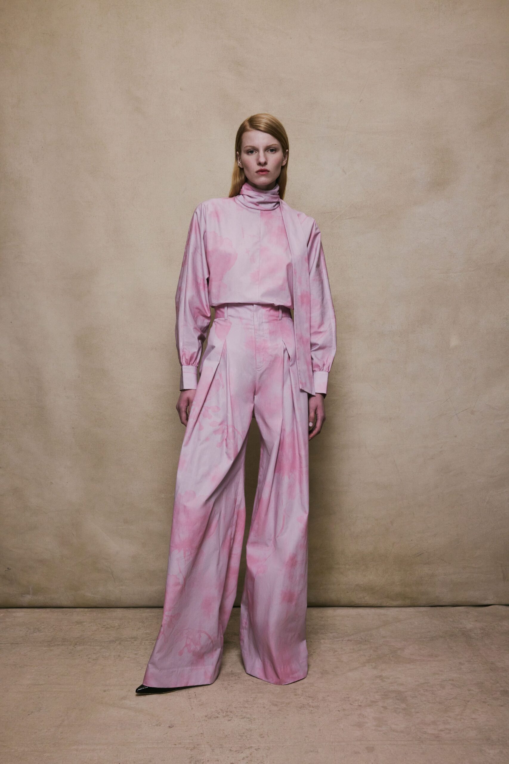 pink silk fitted top and pants