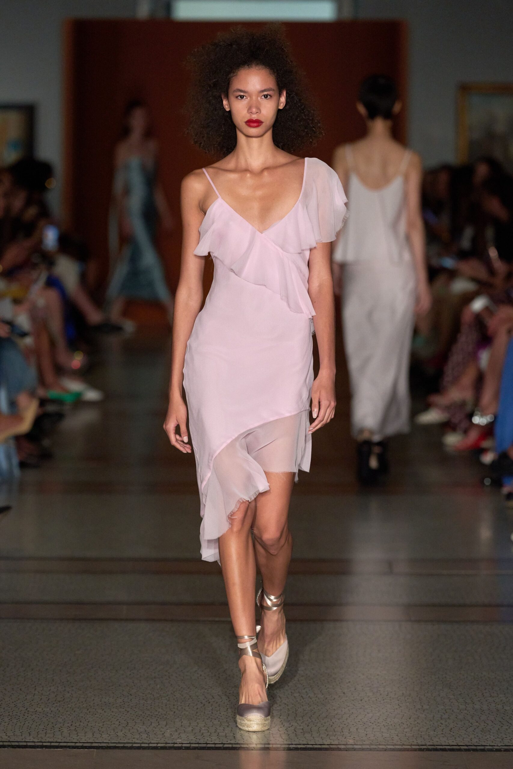 pink silk ruffled midi dress