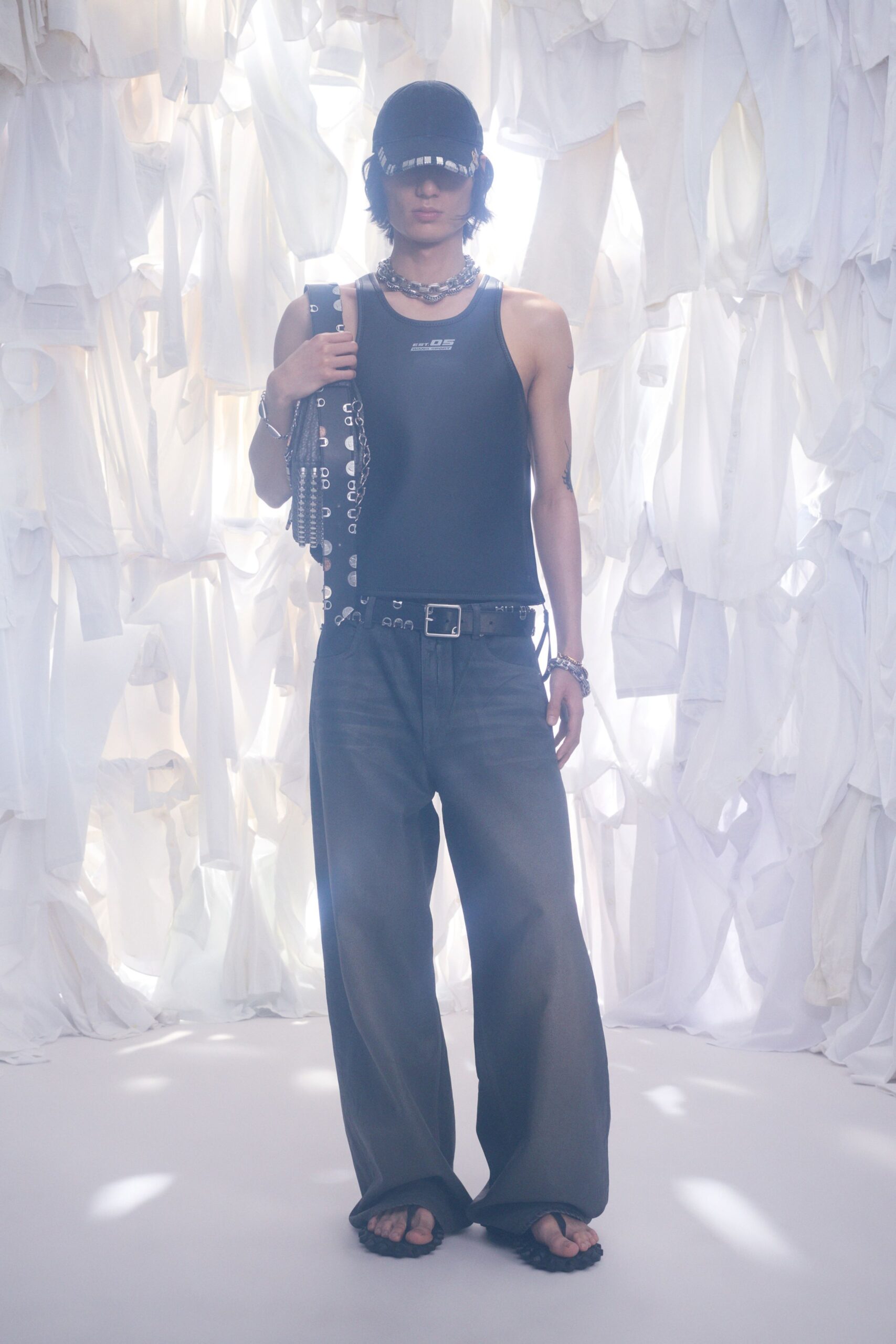 black tank-top gray relaxed pants