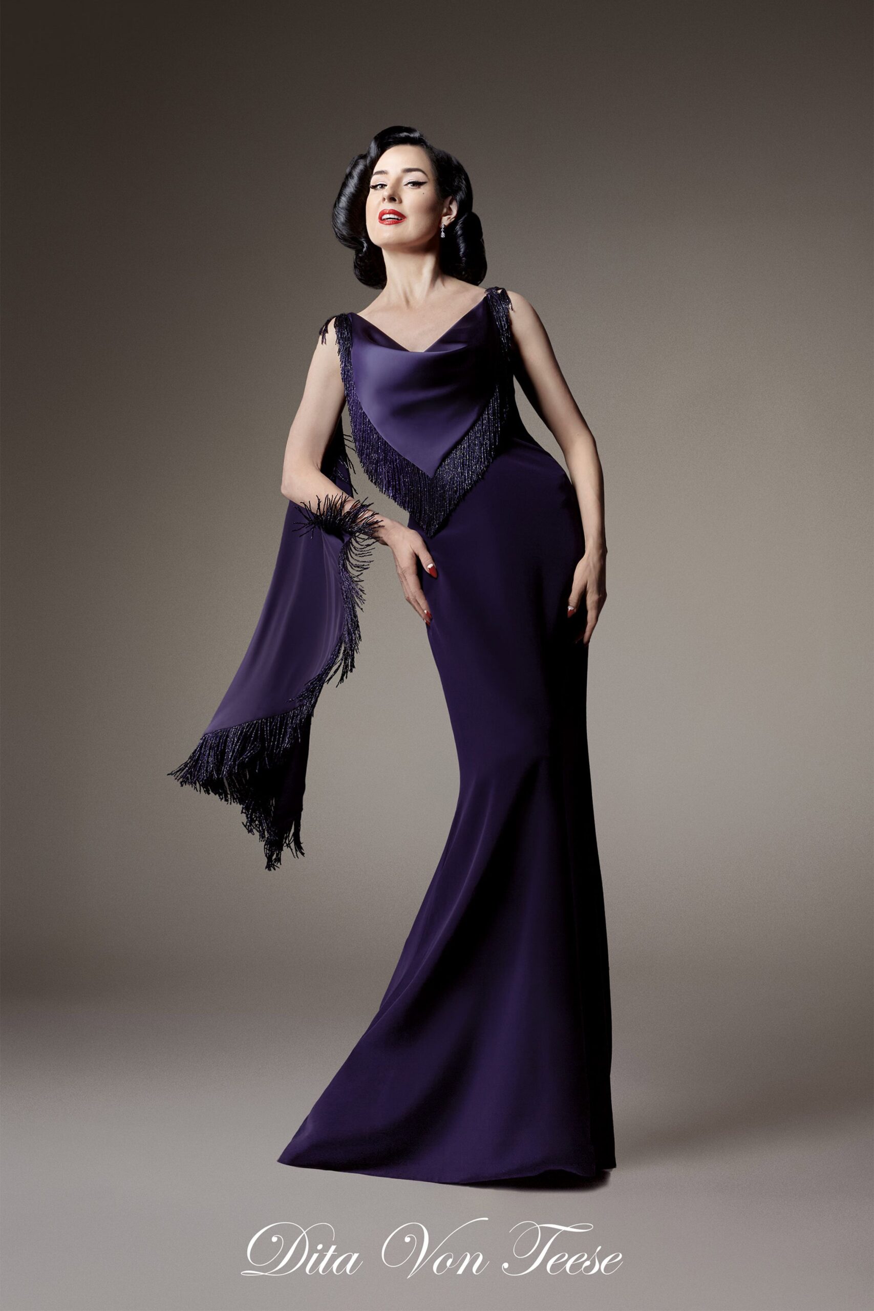 purple satin sleeveless gown