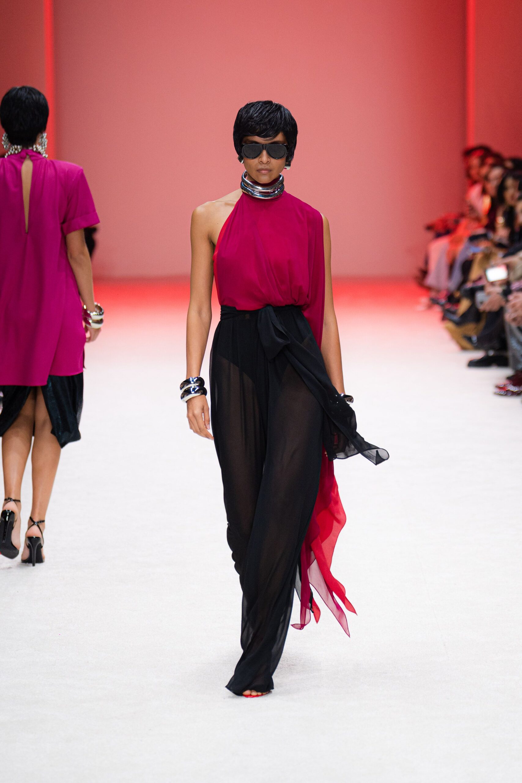 black chiffon relaxed high-waisted layered sheer pants