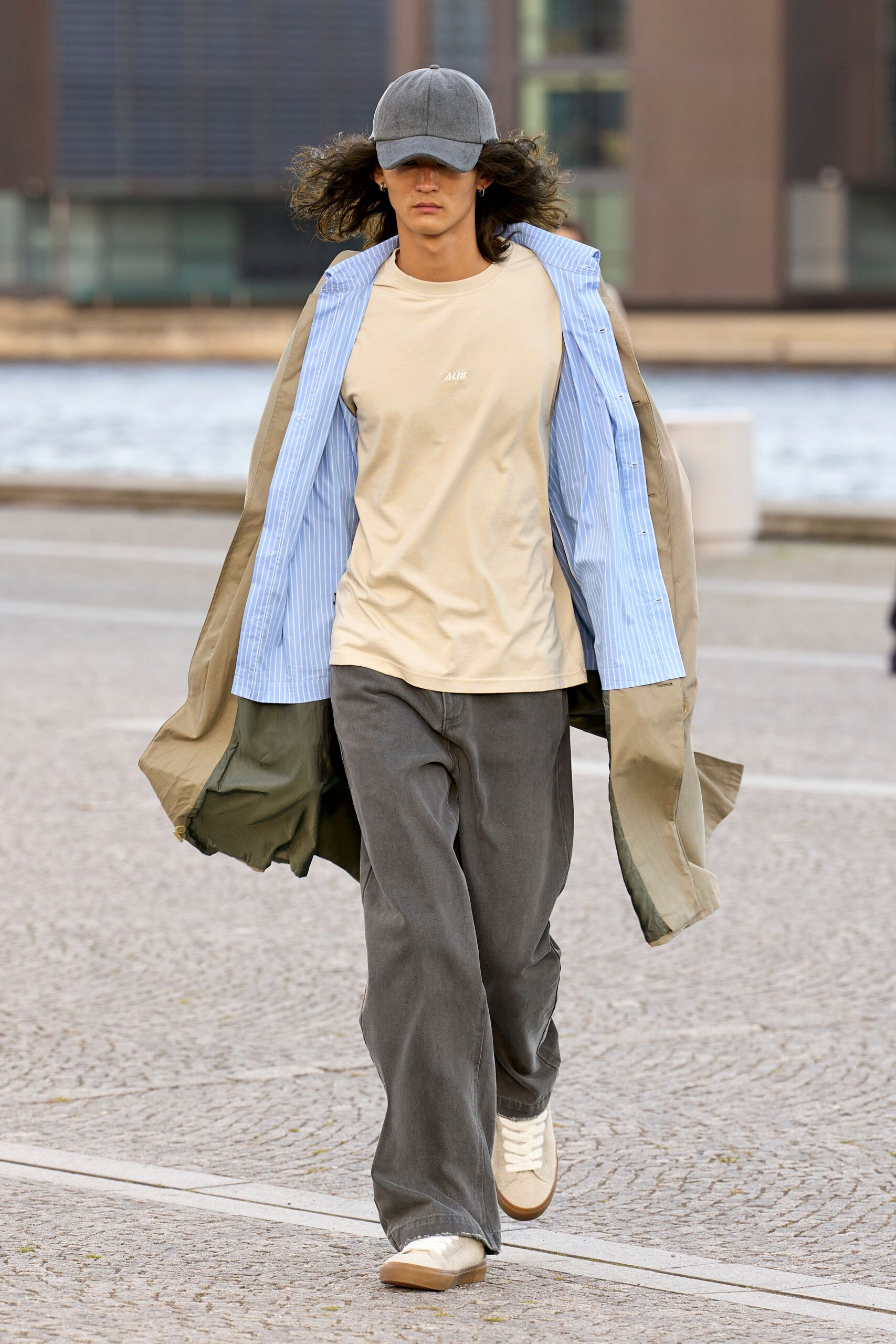 beige cotton long-sleeve collared oversized striped layered shirt
