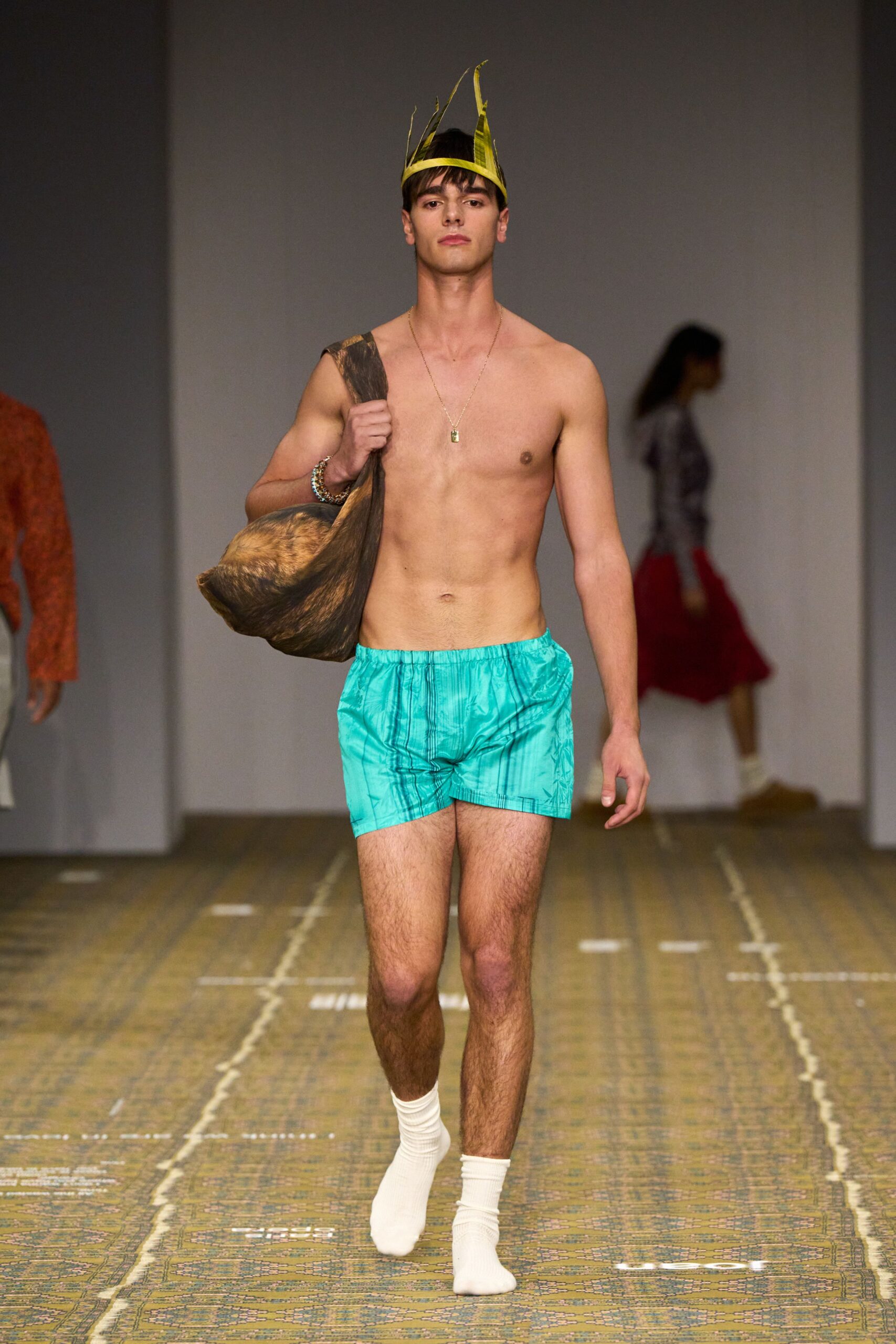 blue silk high-neck relaxed printed shiny short shorts