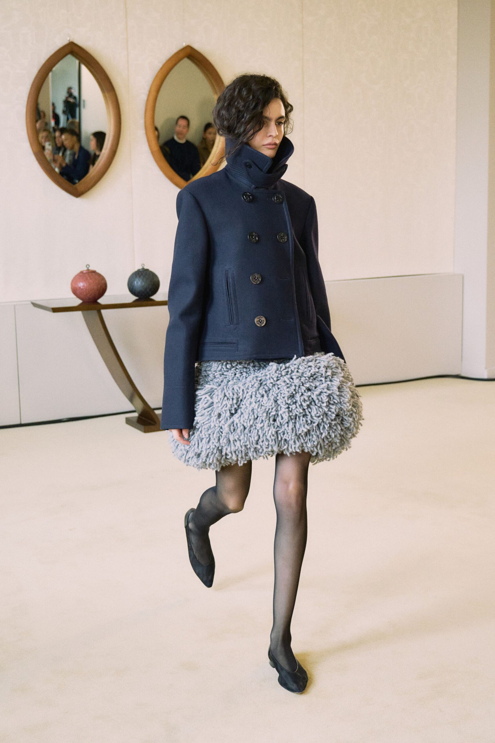 gray fur fitted flared mini skirt
