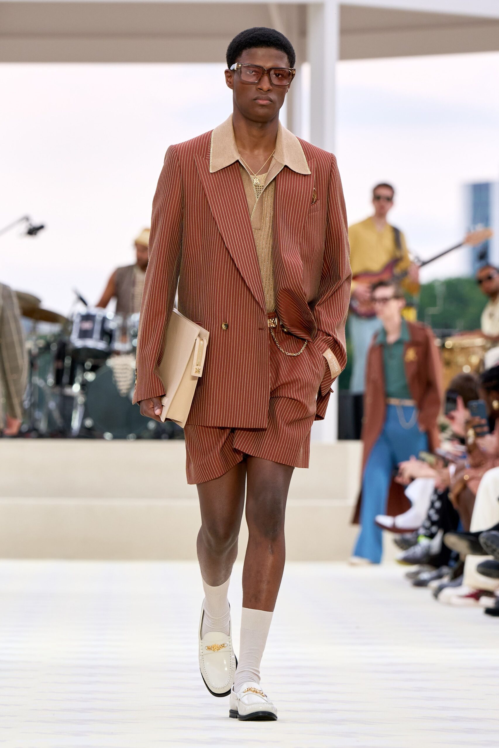 brown striped tailored blazer and shorts