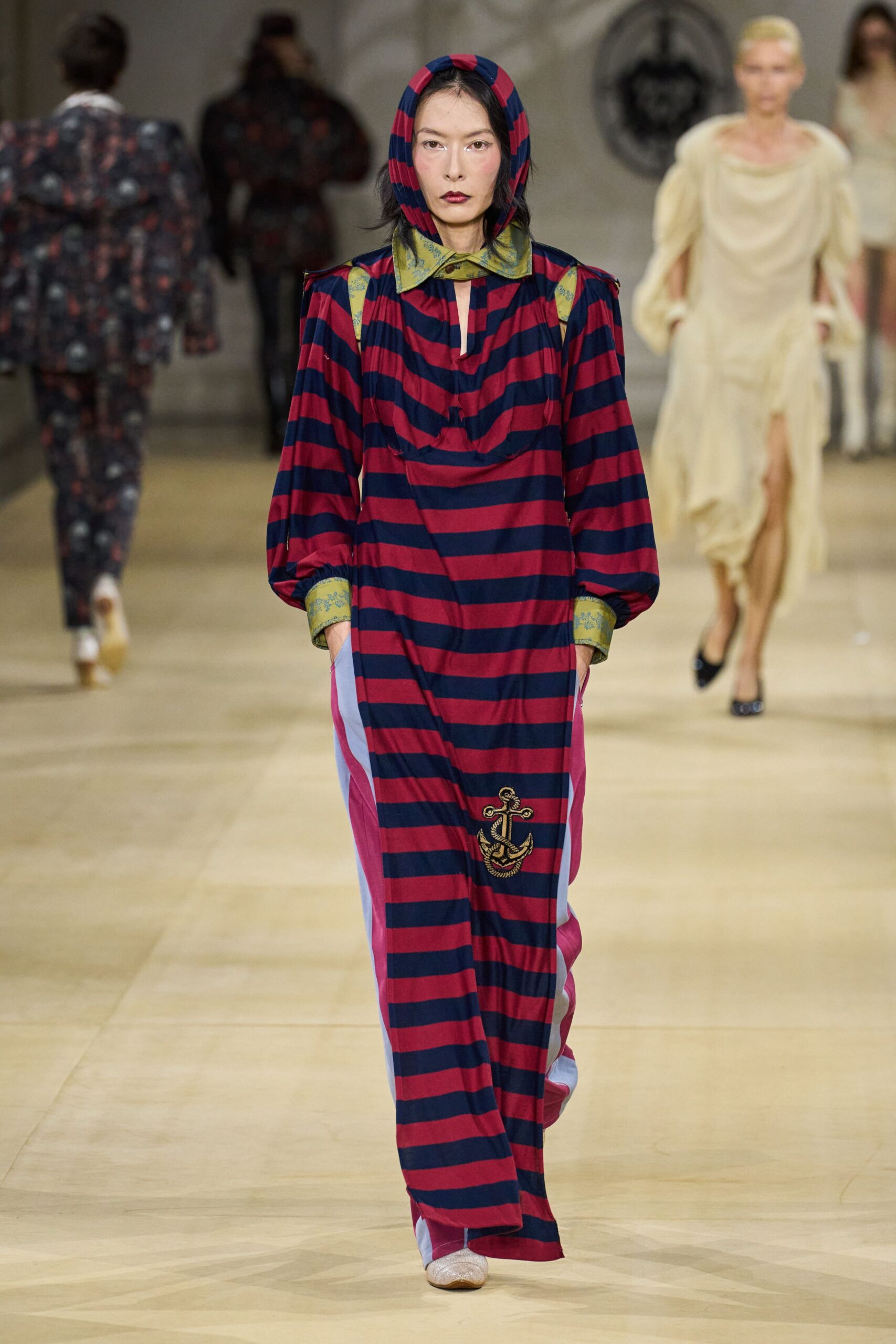 red and blue striped hooded dress