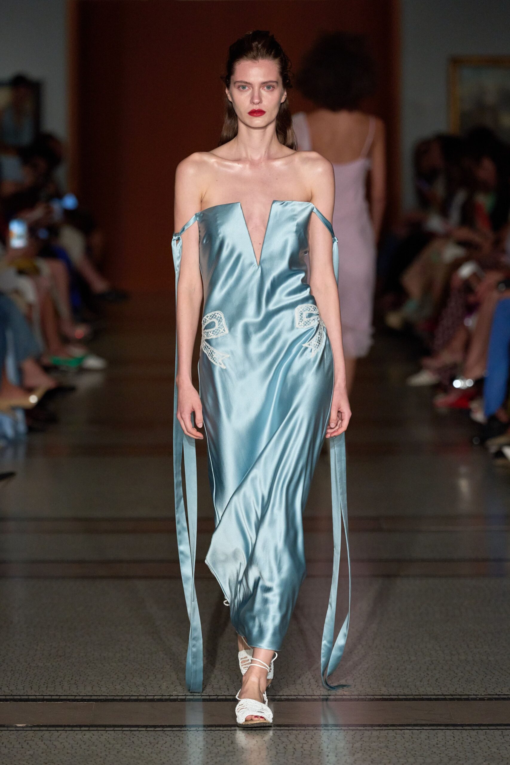 blue silk gown with flowing design