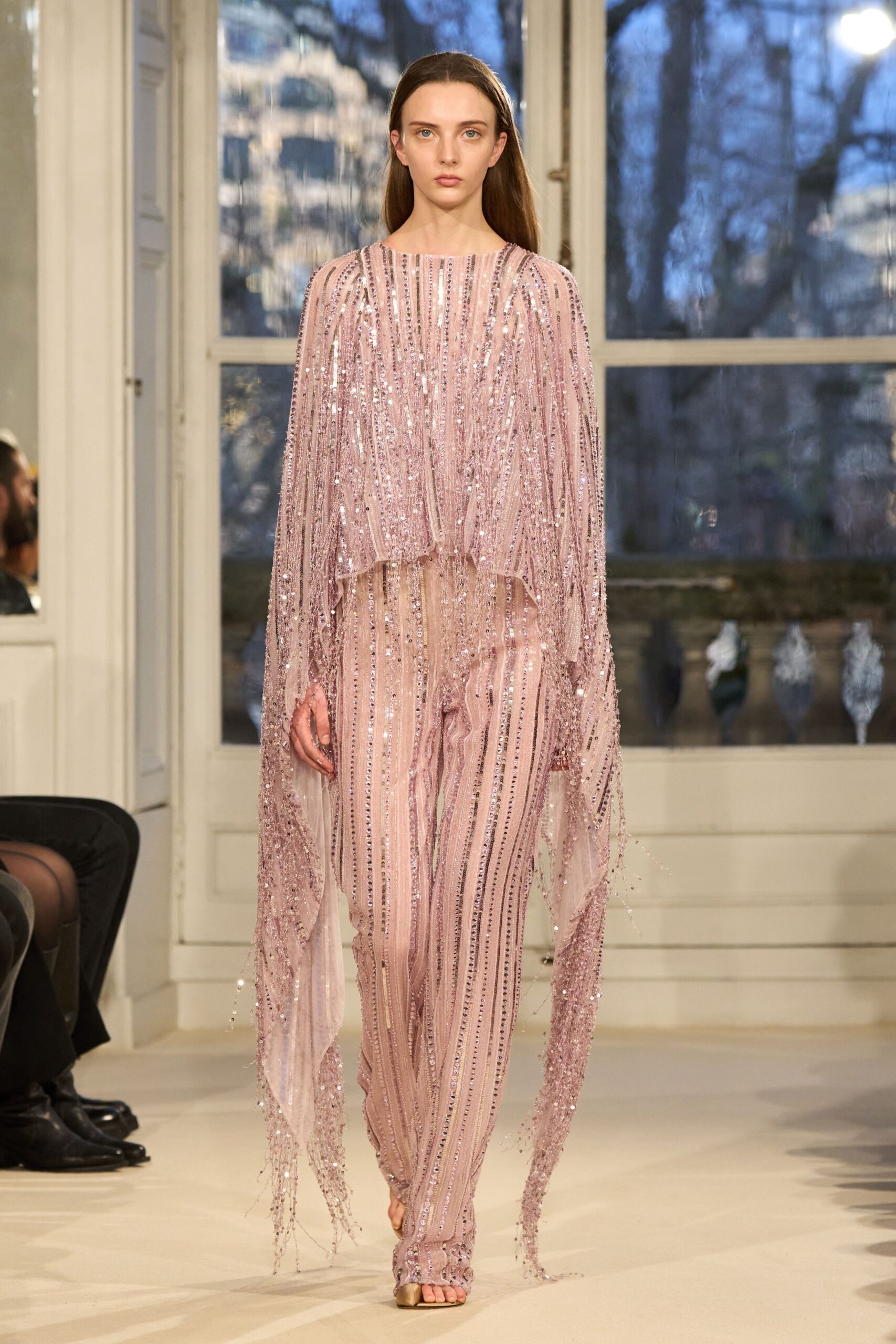 pink silk sleeveless v-neck fitted sequined draped jumpsuit