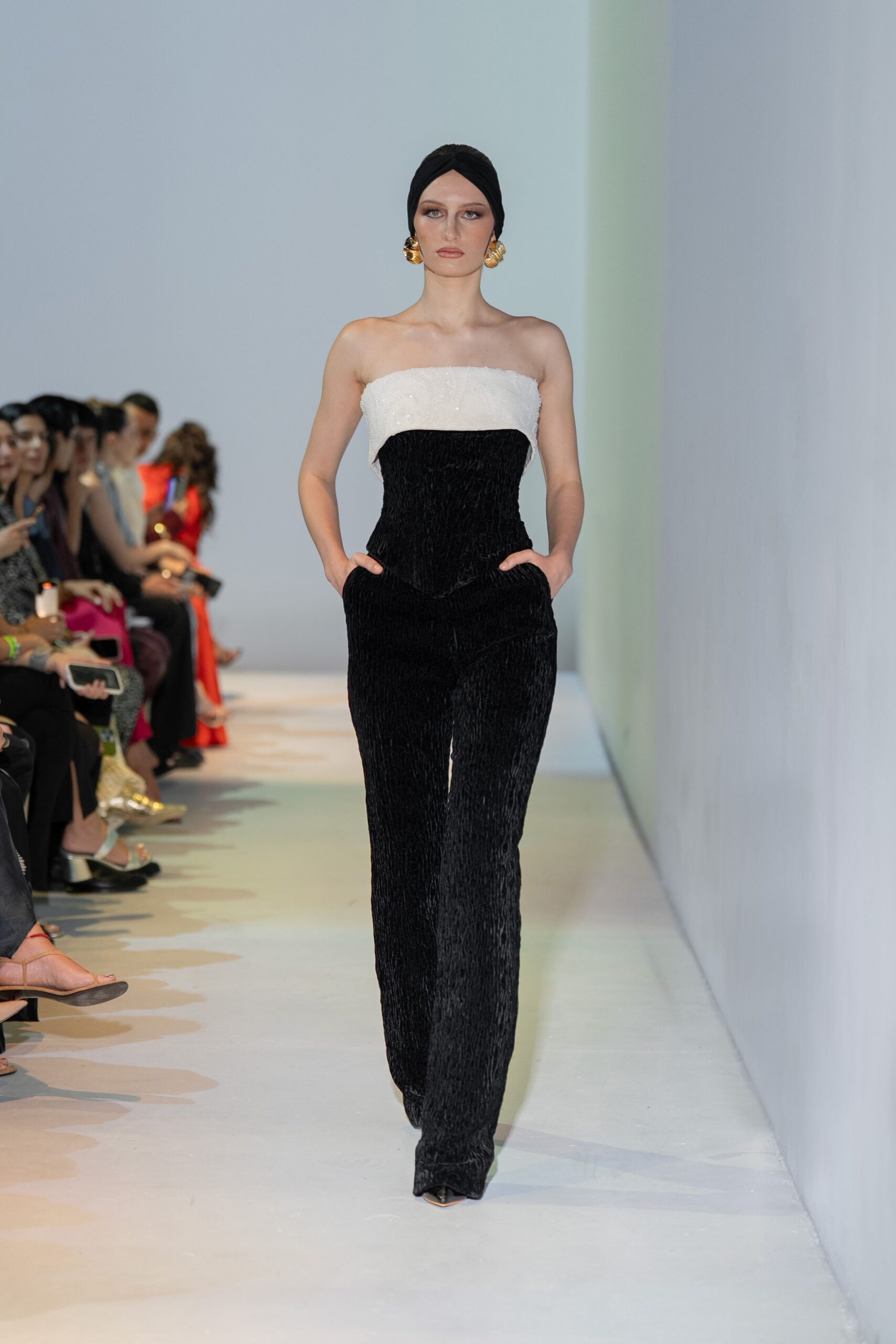 black cotton strapless fitted pleated jumpsuit