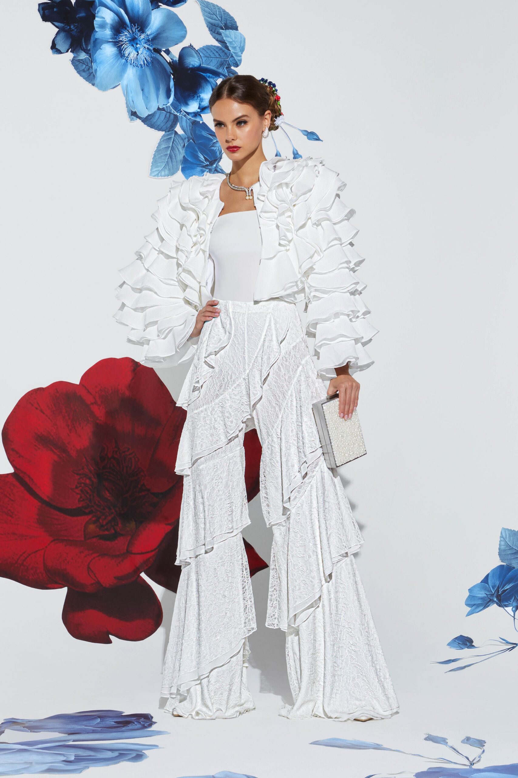 white silk long-sleeve collared fitted ruffled jacket