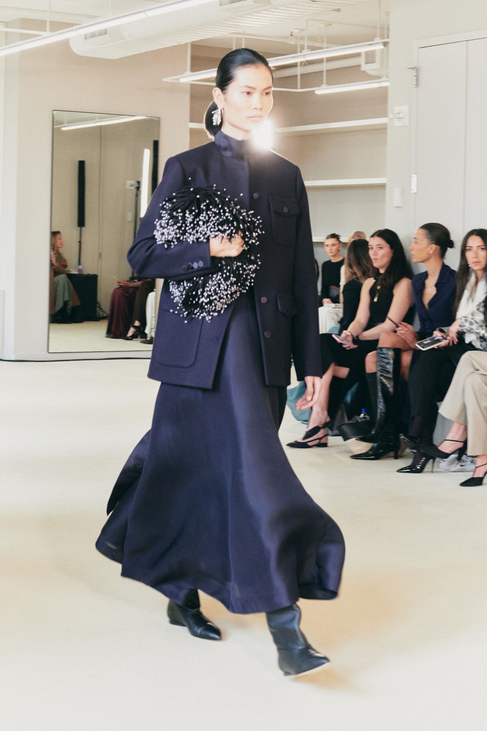 black blazer and maxi dress