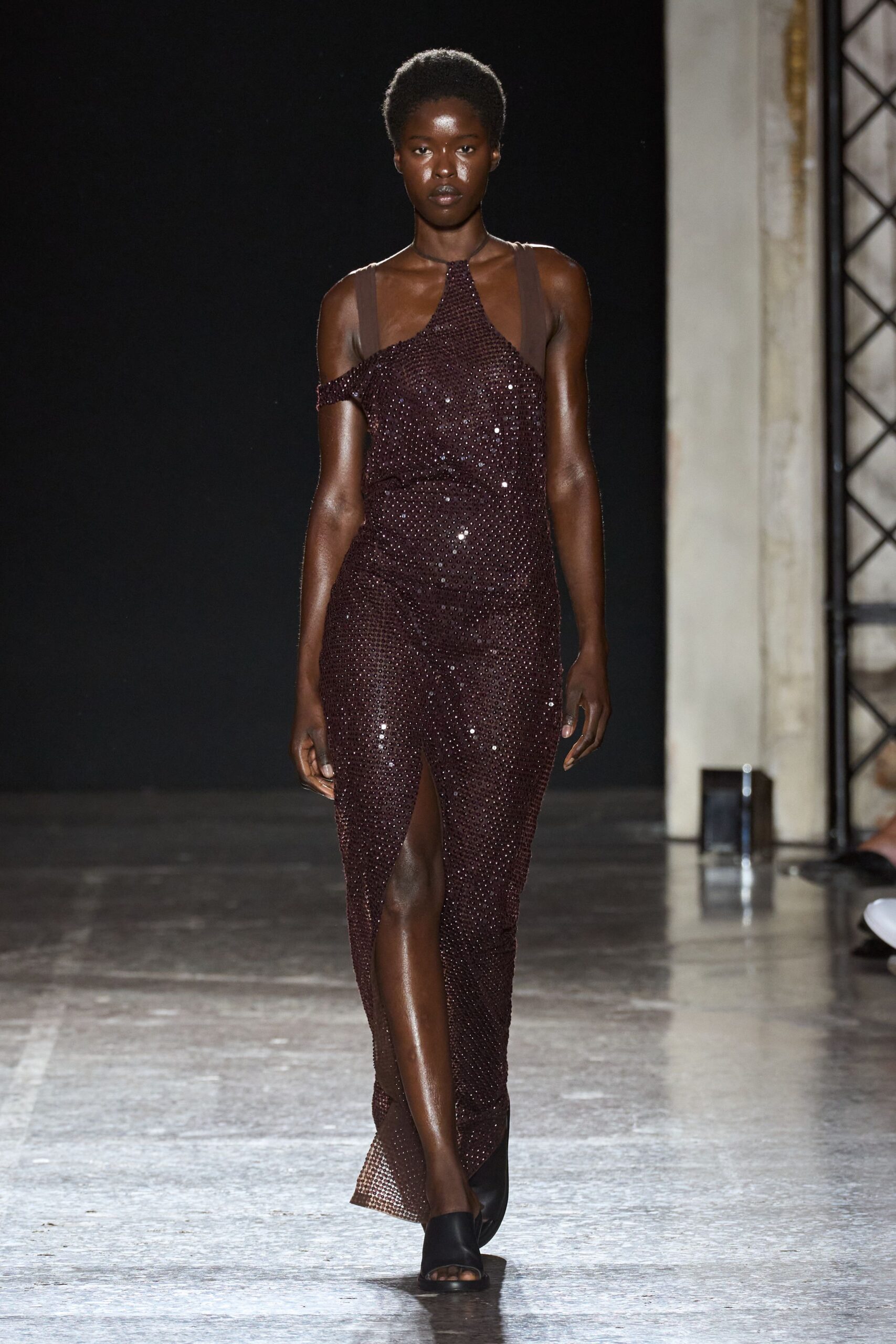 maroon sequined sleeveless gown