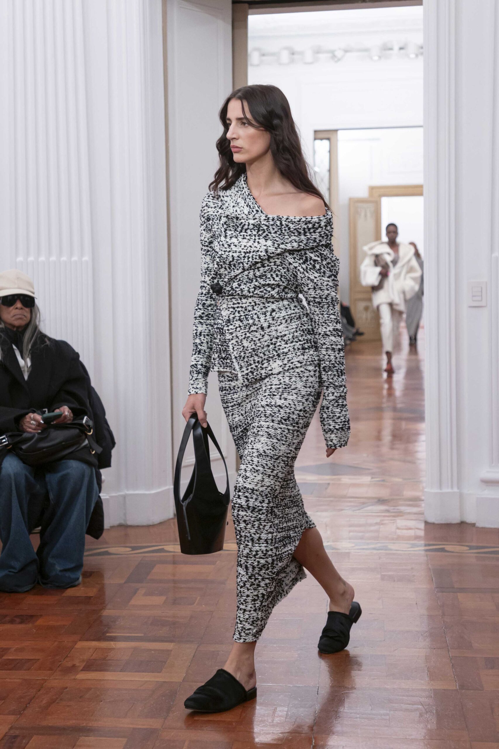 black cotton long-sleeve off-shoulder fitted printed draped dress