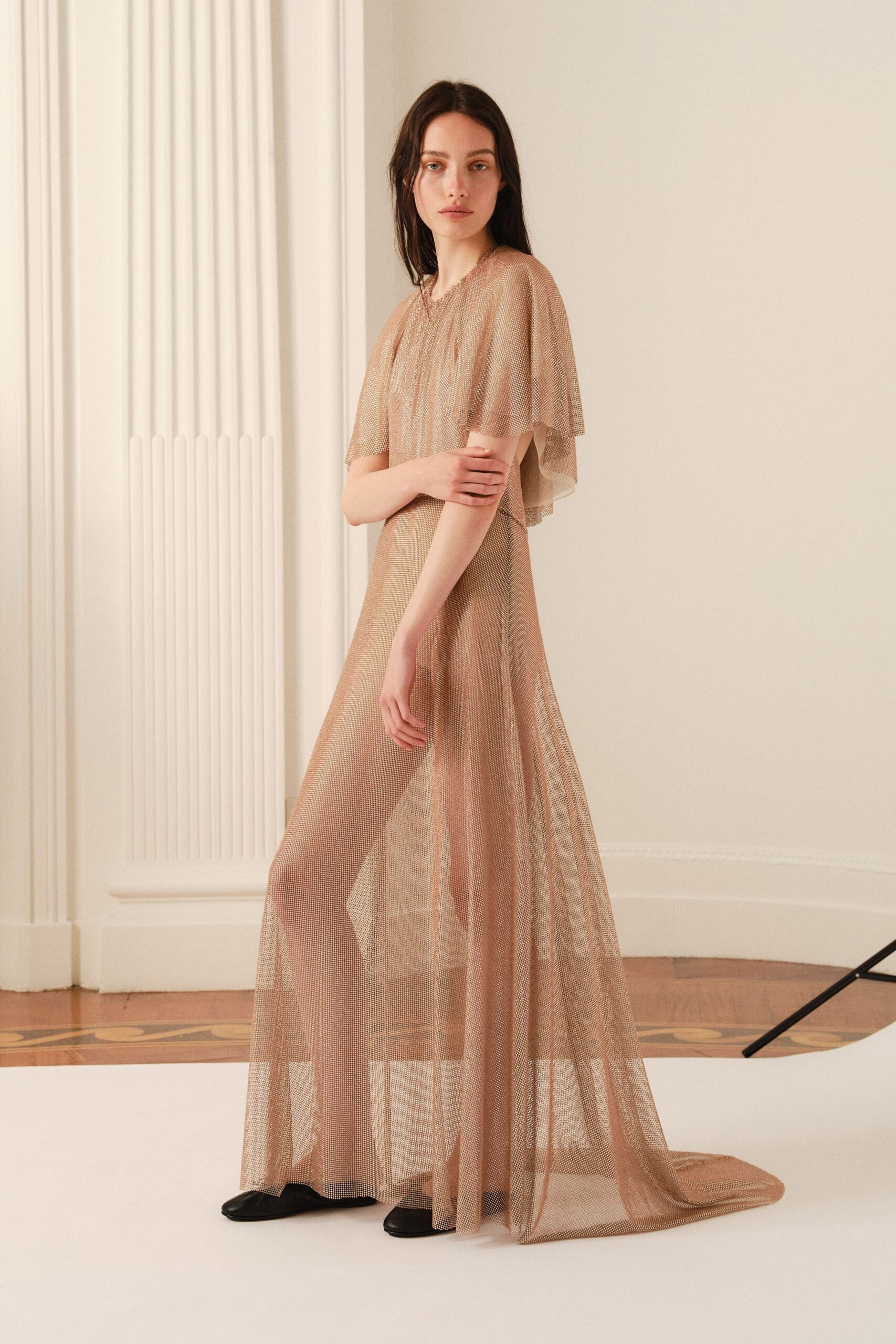 beige sequin short-sleeve high-neck relaxed layered draped dress