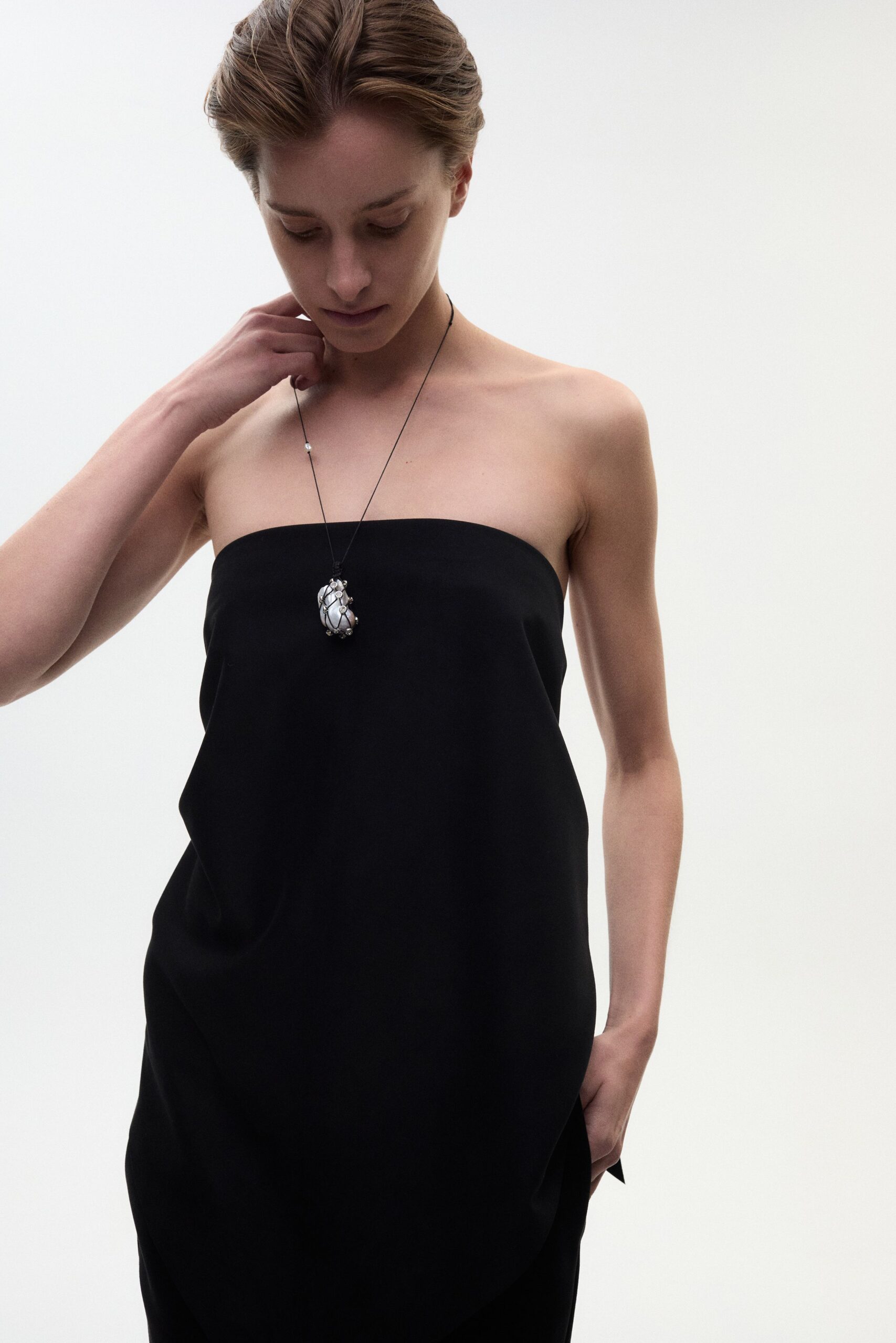 black silk strapless dress