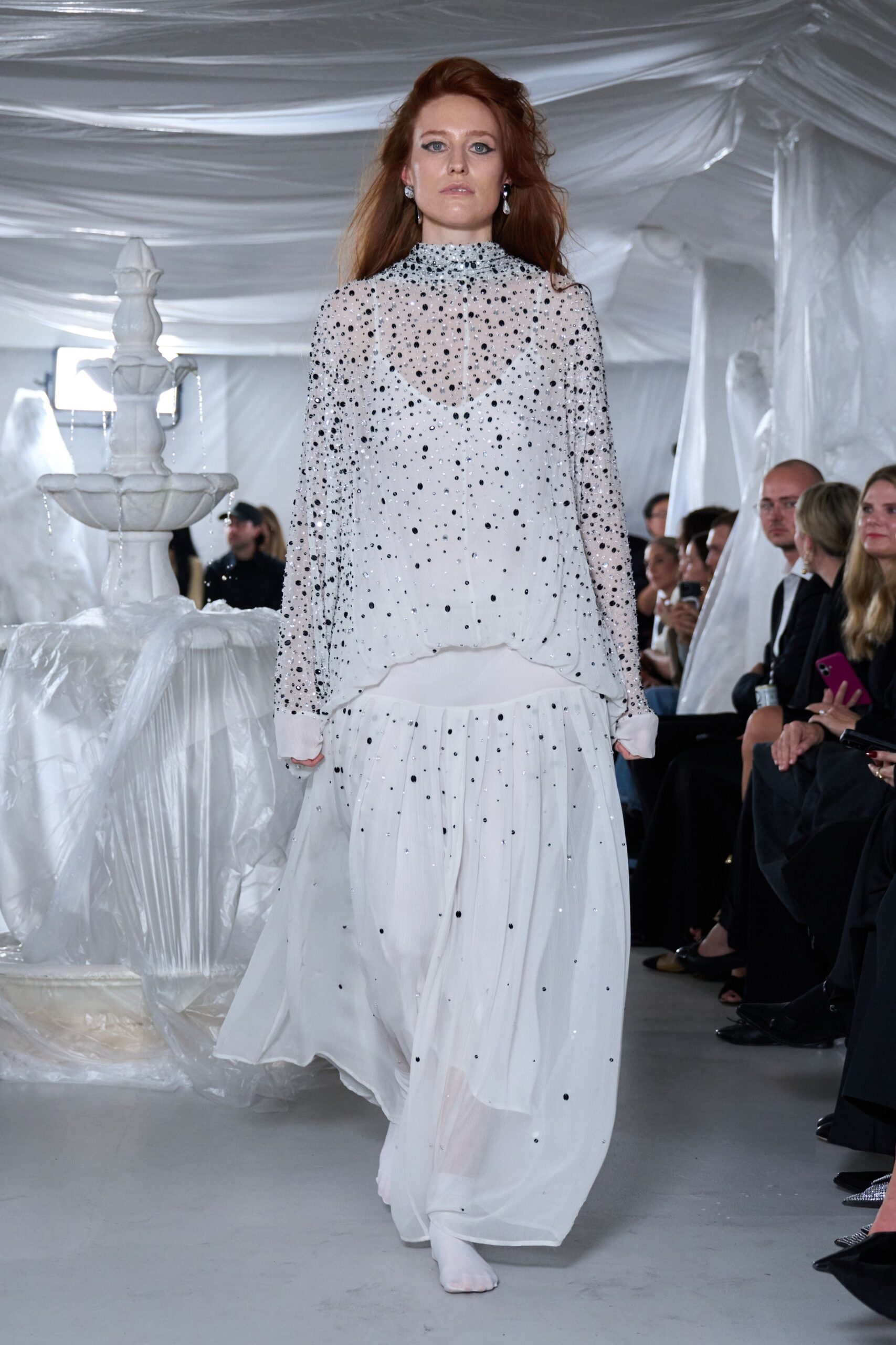 white sequin long-sleeve high-neck relaxed embellished layered dress