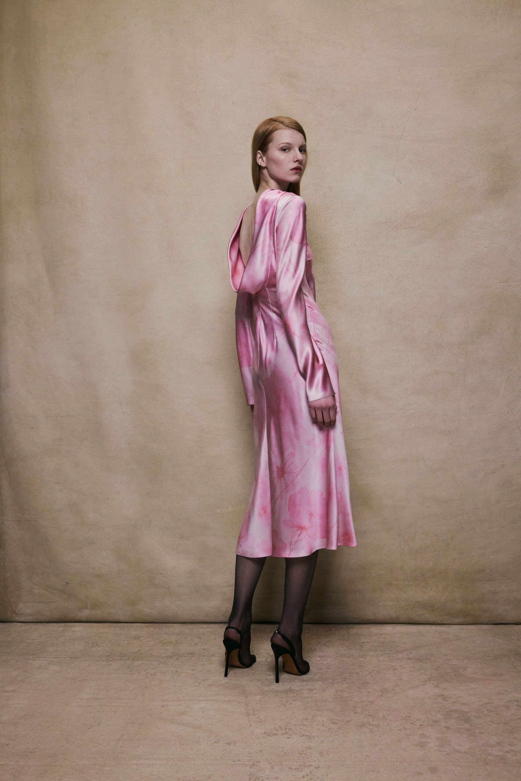 pink silk backless midi dress
