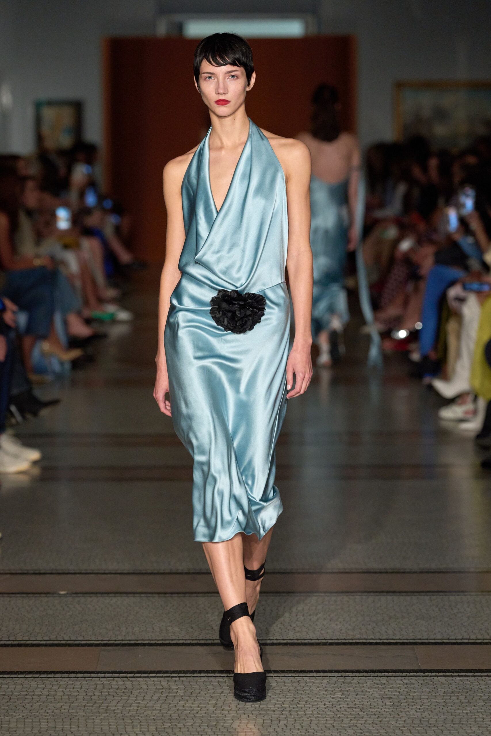 blue silk draped midi dress
