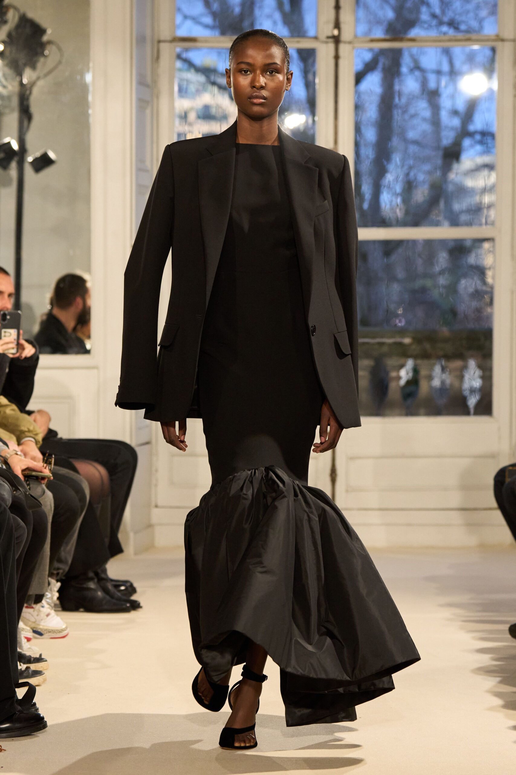 black silk gown with blazer