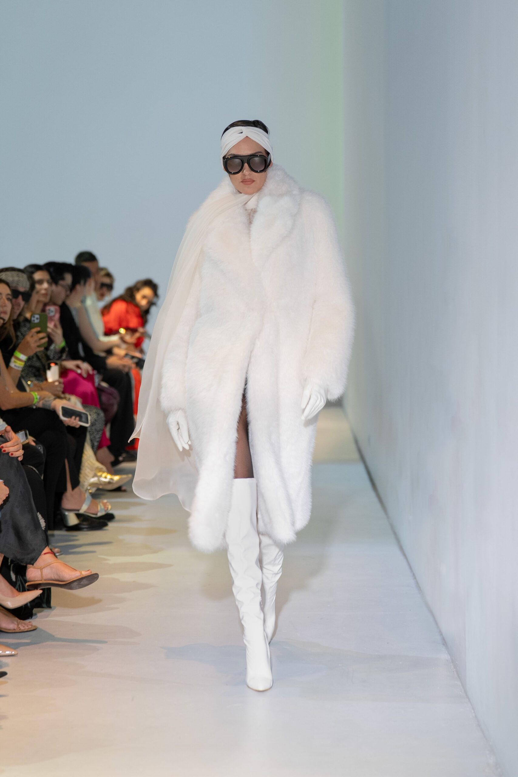 white fur long-sleeve fitted draped midi coat
