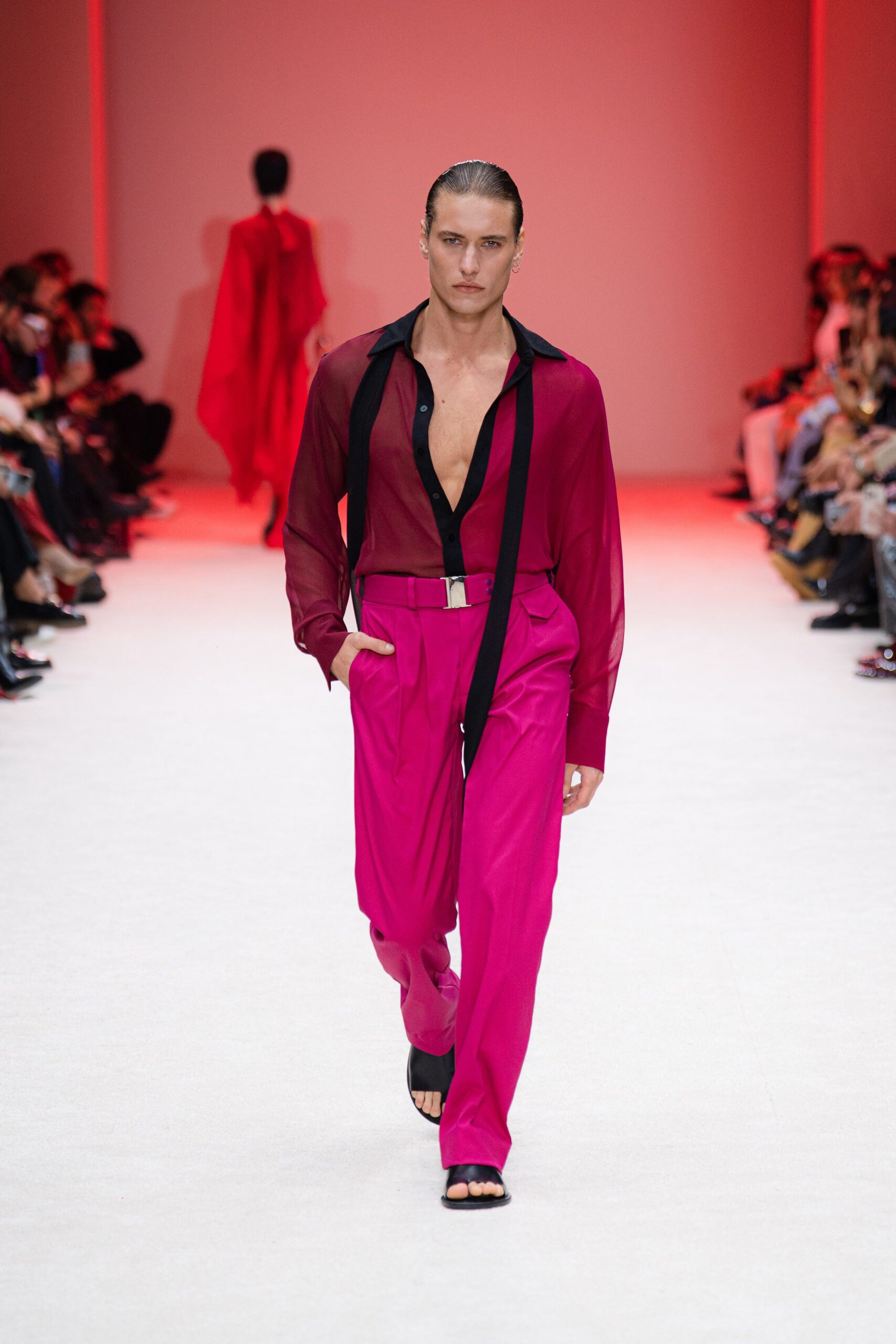 red silk shirt pink tailored pants