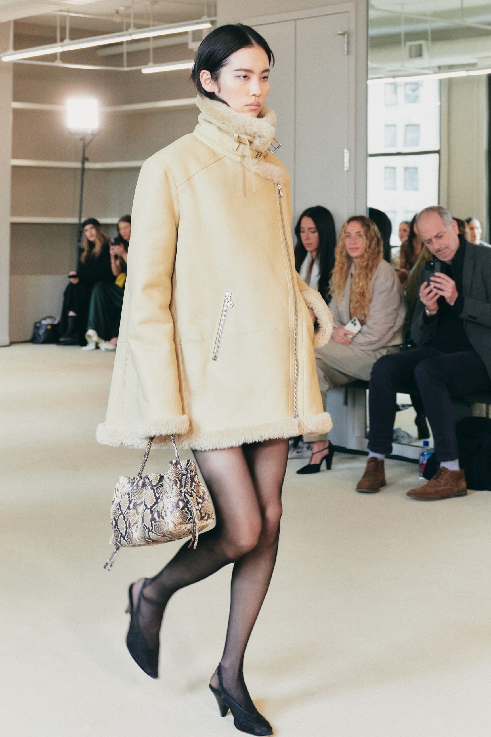 yellow faux-fur long-sleeve collared relaxed zippered short coat