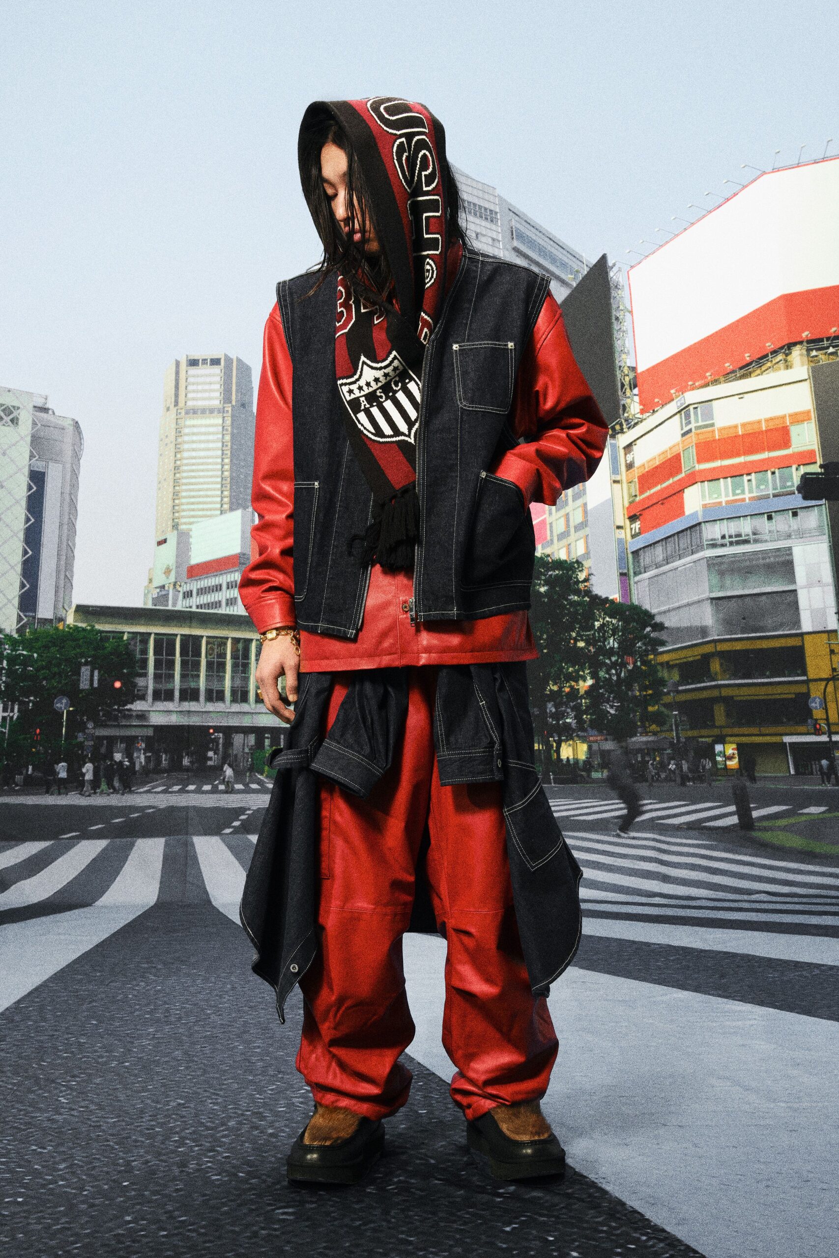 relaxed black red denim jacket and pants