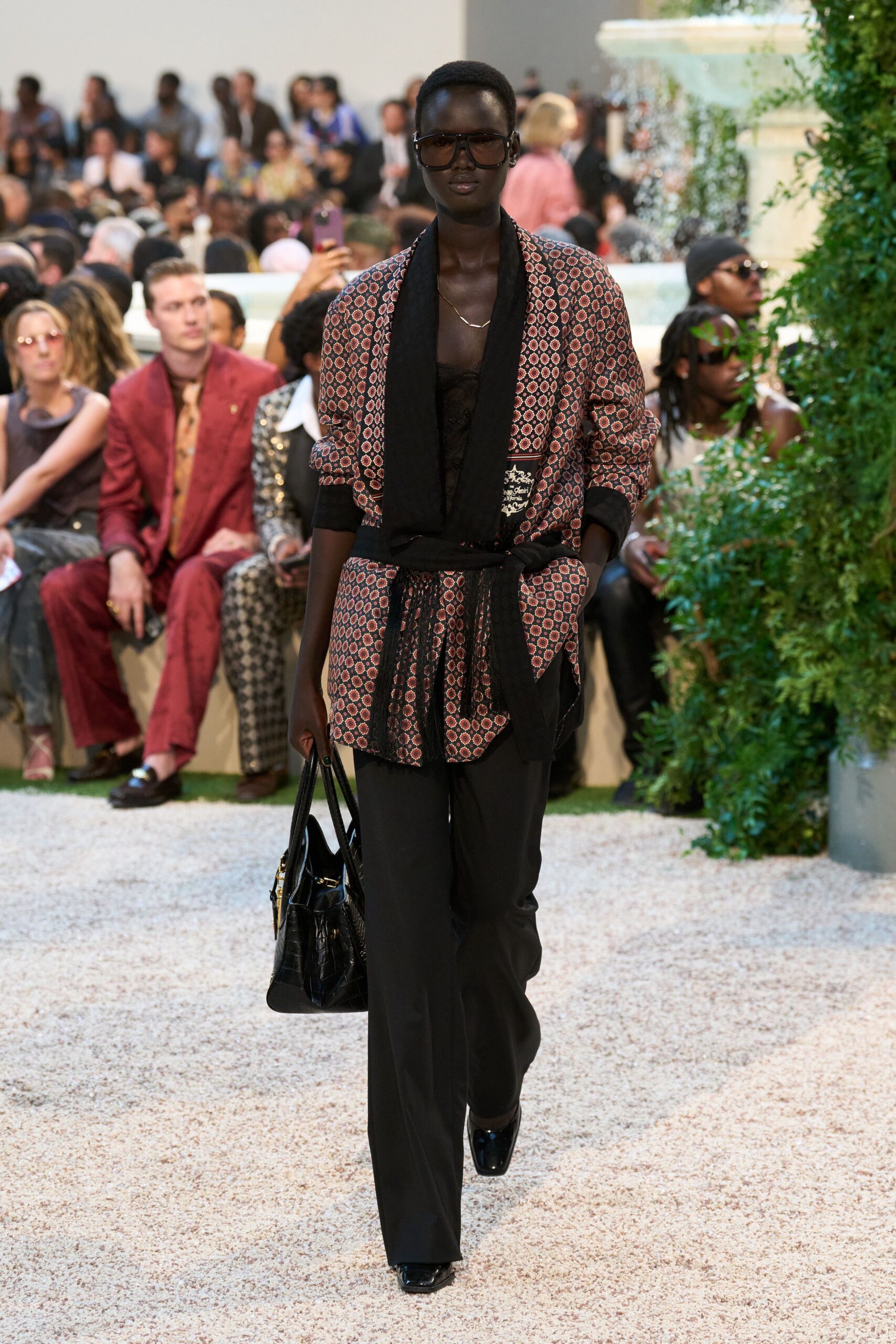 black silk long-sleeve collared oversized printed layered jacket