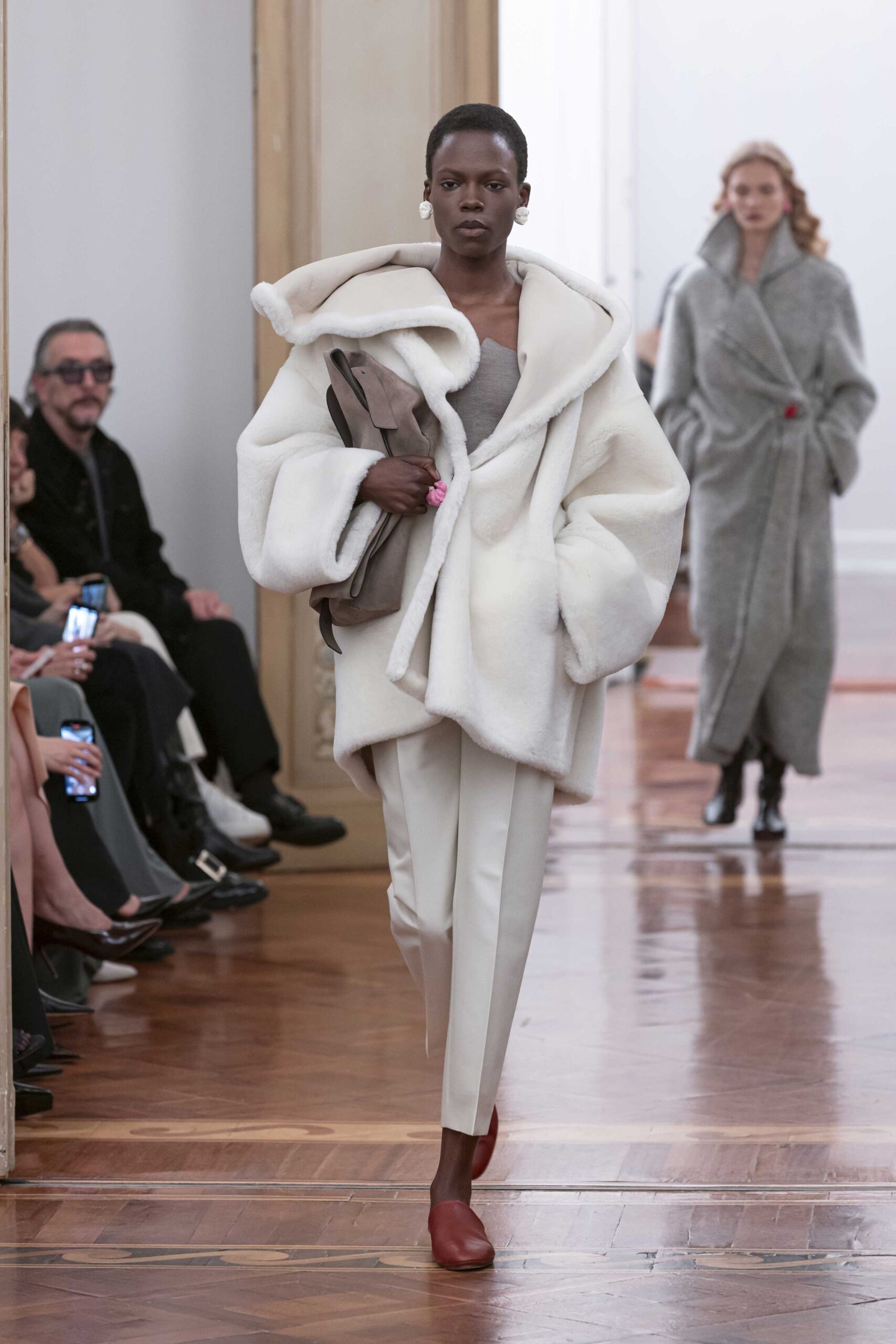 oversized white faux-fur coat