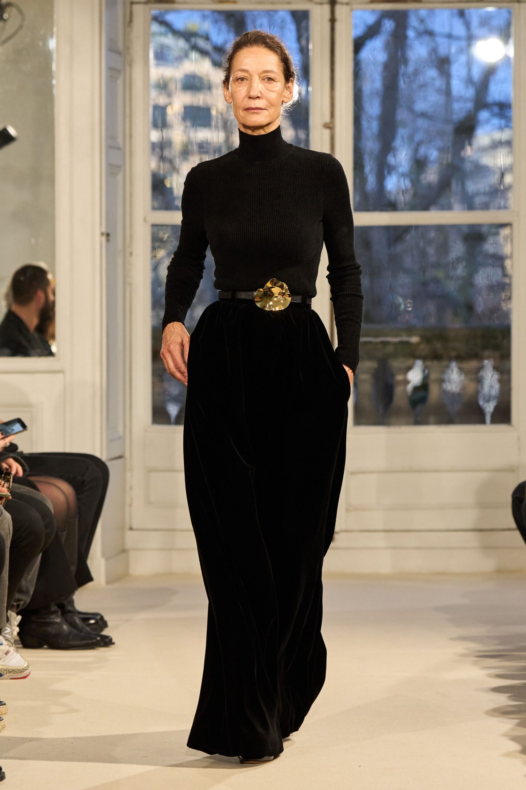 black velvet relaxed pleated maxi skirt