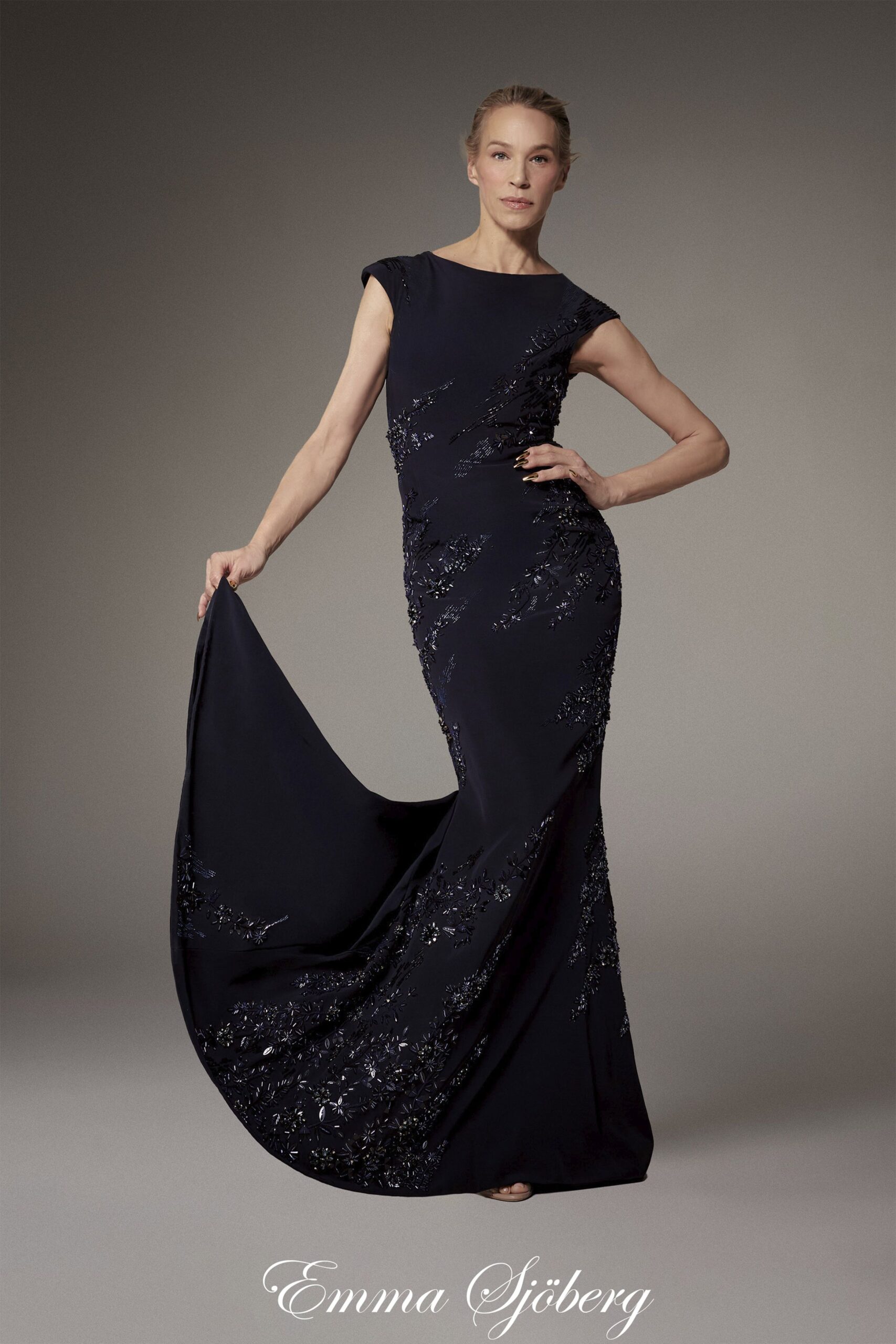 black silk embroidered gown