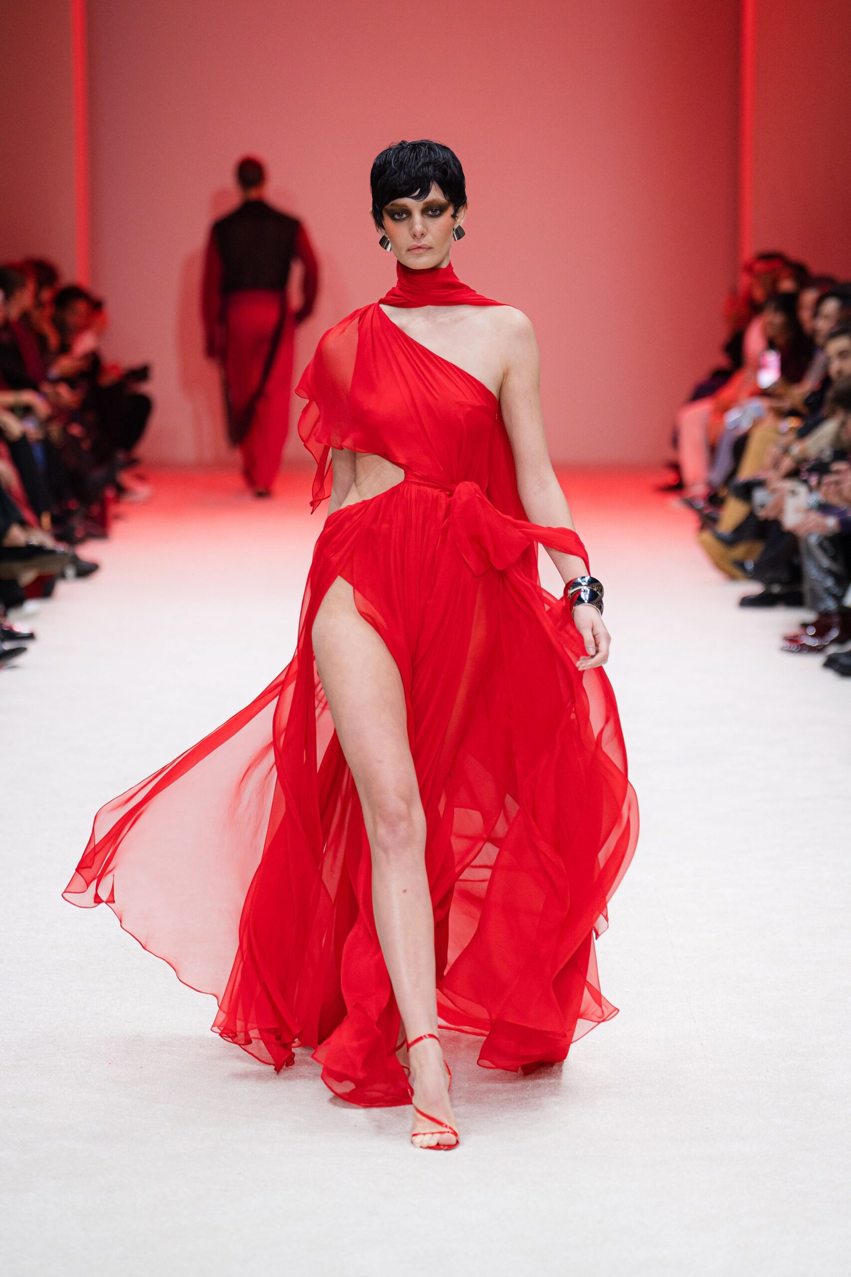 red chiffon sleeveless high-neck fitted draped tiered gown