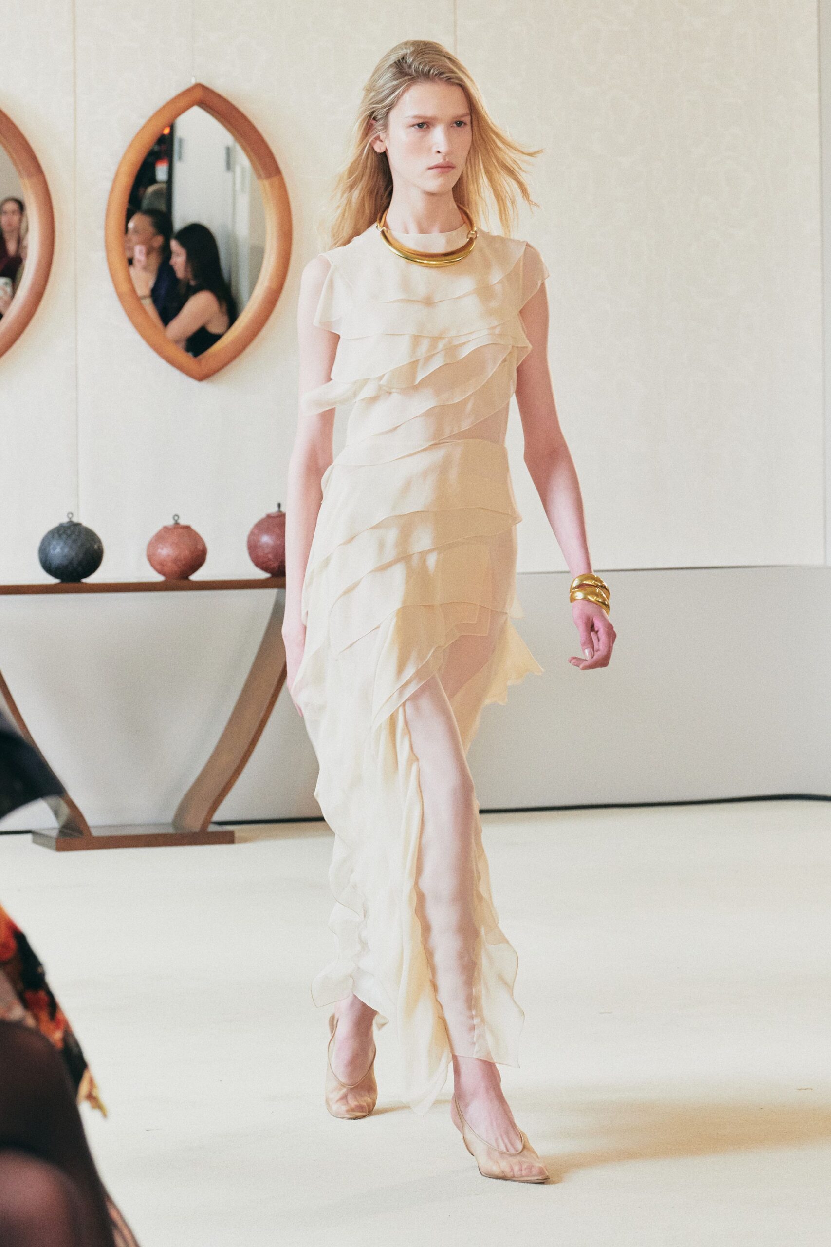 beige chiffon sleeveless v-neck fitted layered ruffled dress