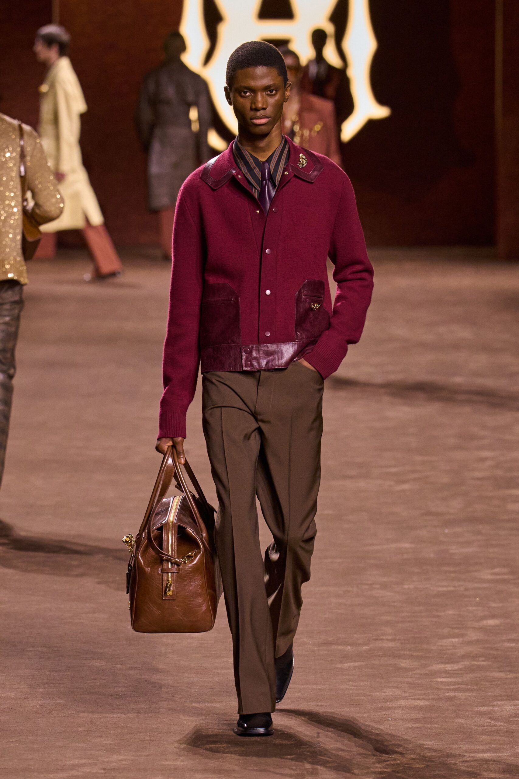 maroon wool long-sleeve collared fitted zippered jacket