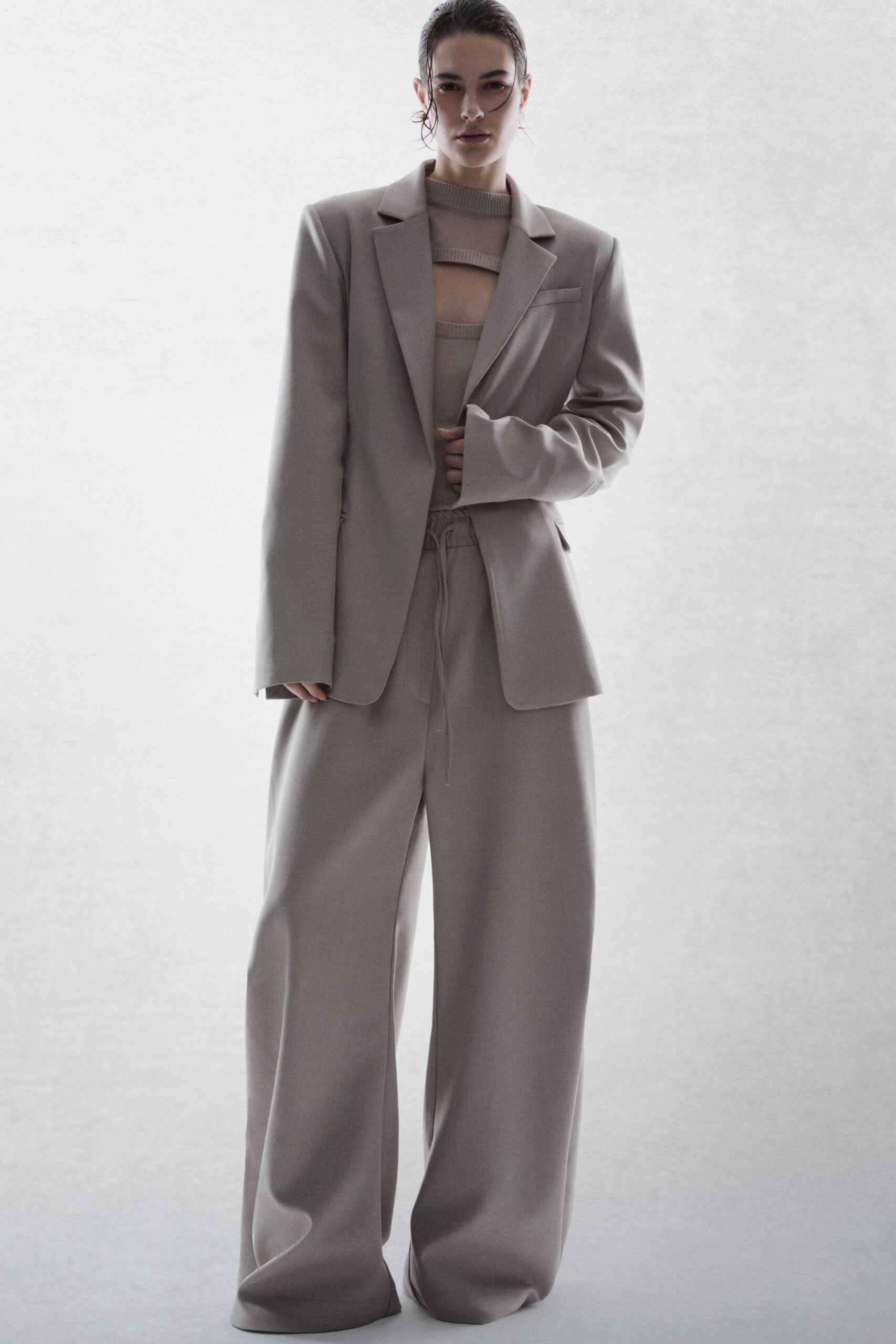 beige wool long-sleeve collared oversized blazer