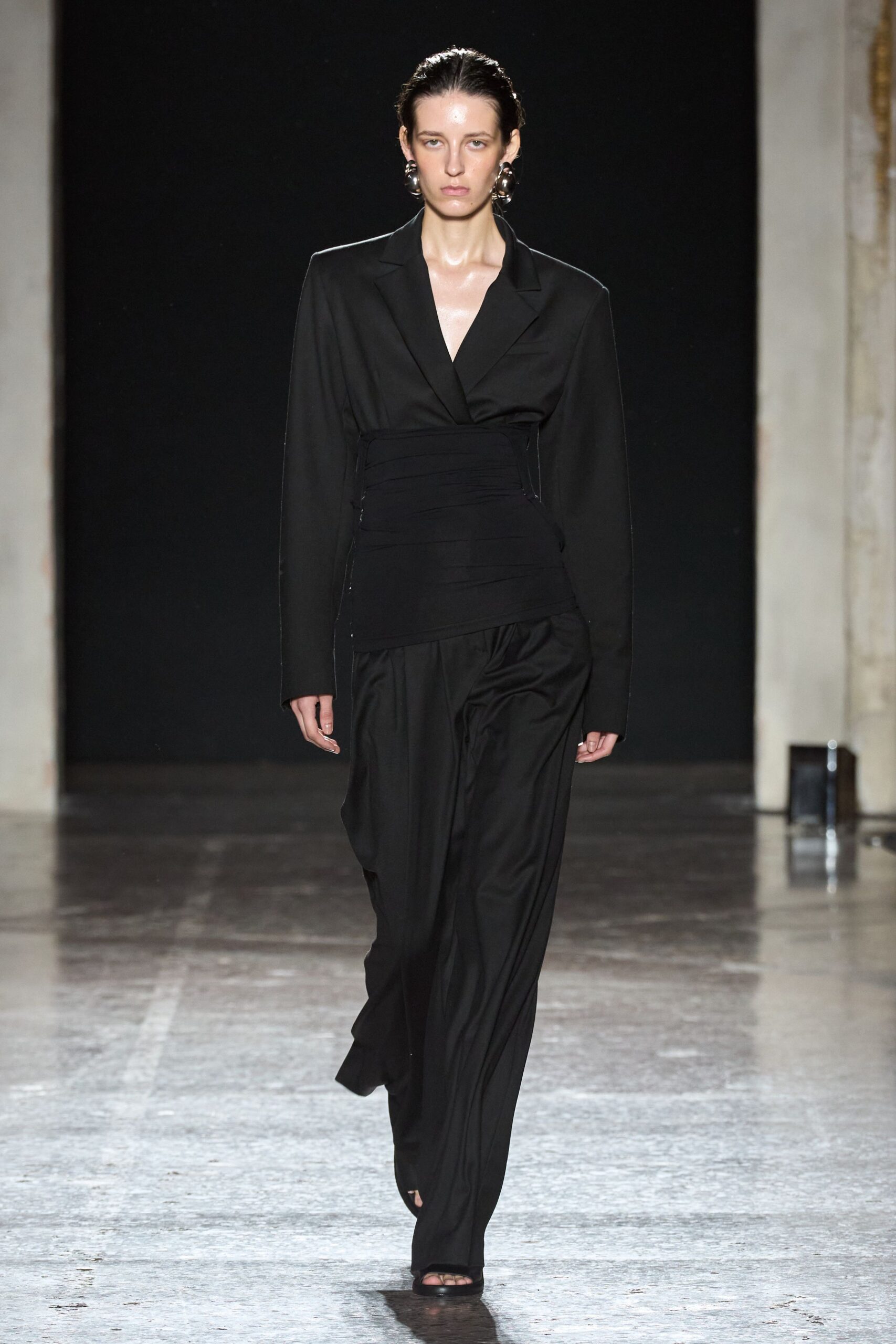 black silk fitted high-waisted straight-leg pants