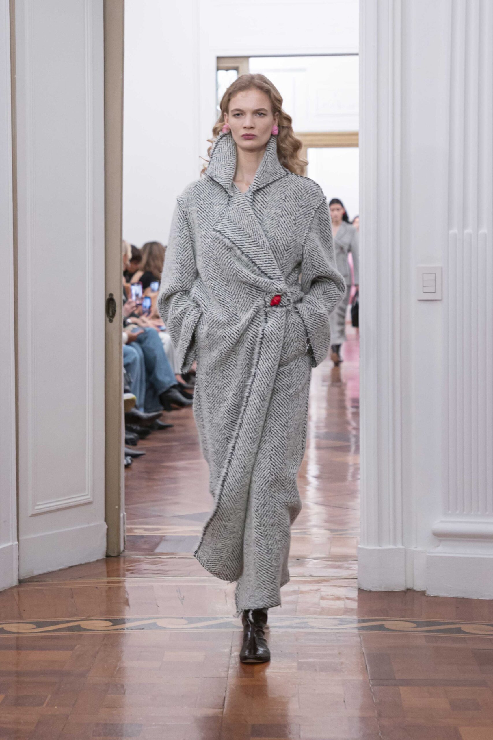 gray wool belted coat with black boots